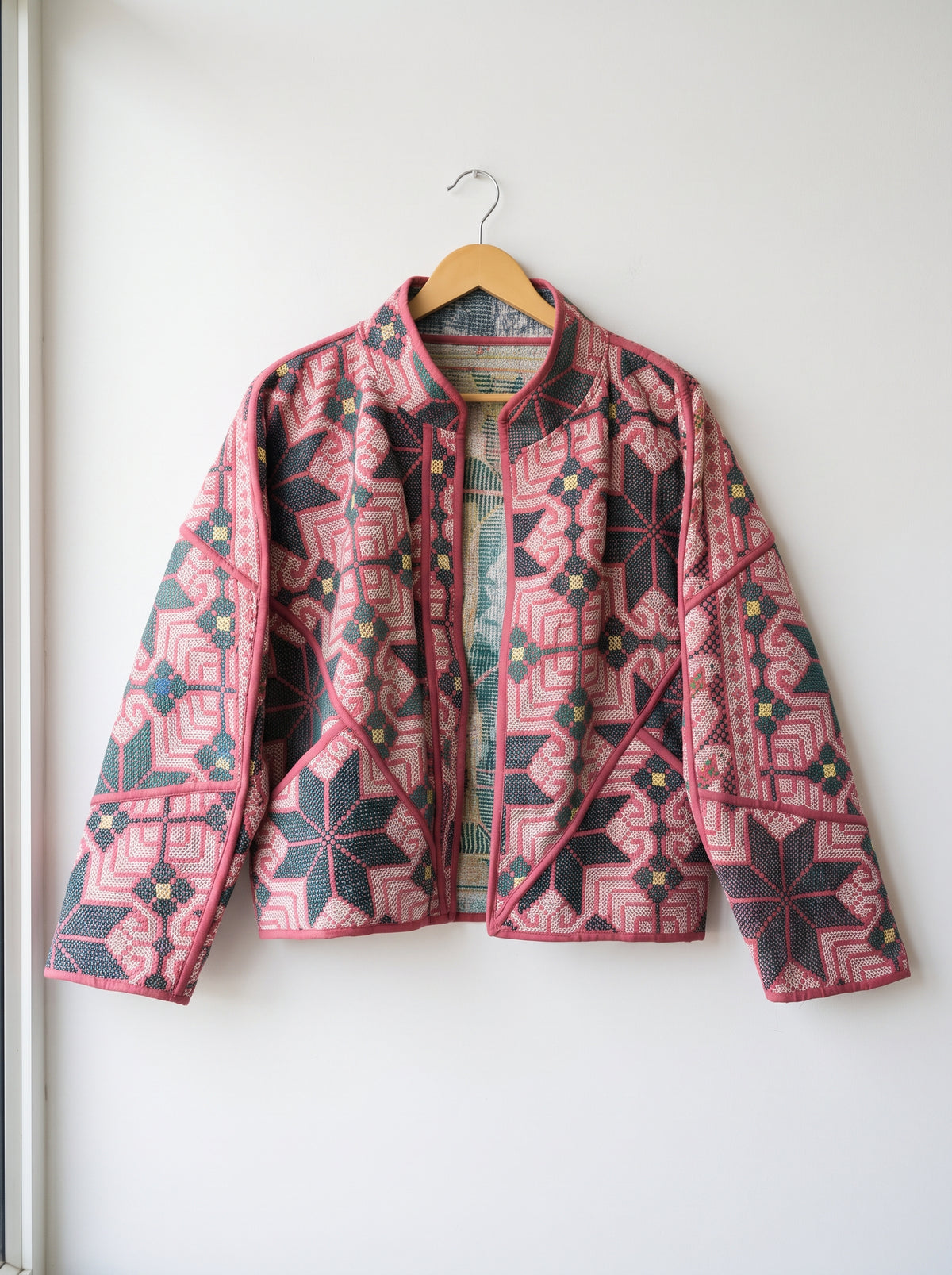 Vintage Rose Mosaic Kantha Bomber Jacket
