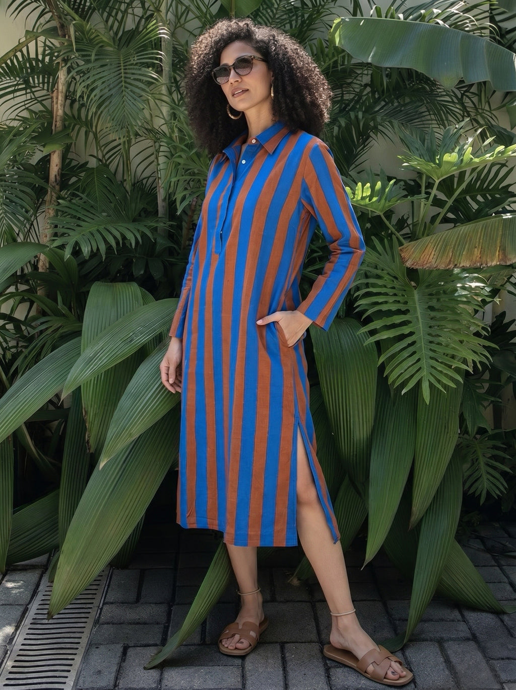 Blue & Rust Striped Cotton Shirt Dress