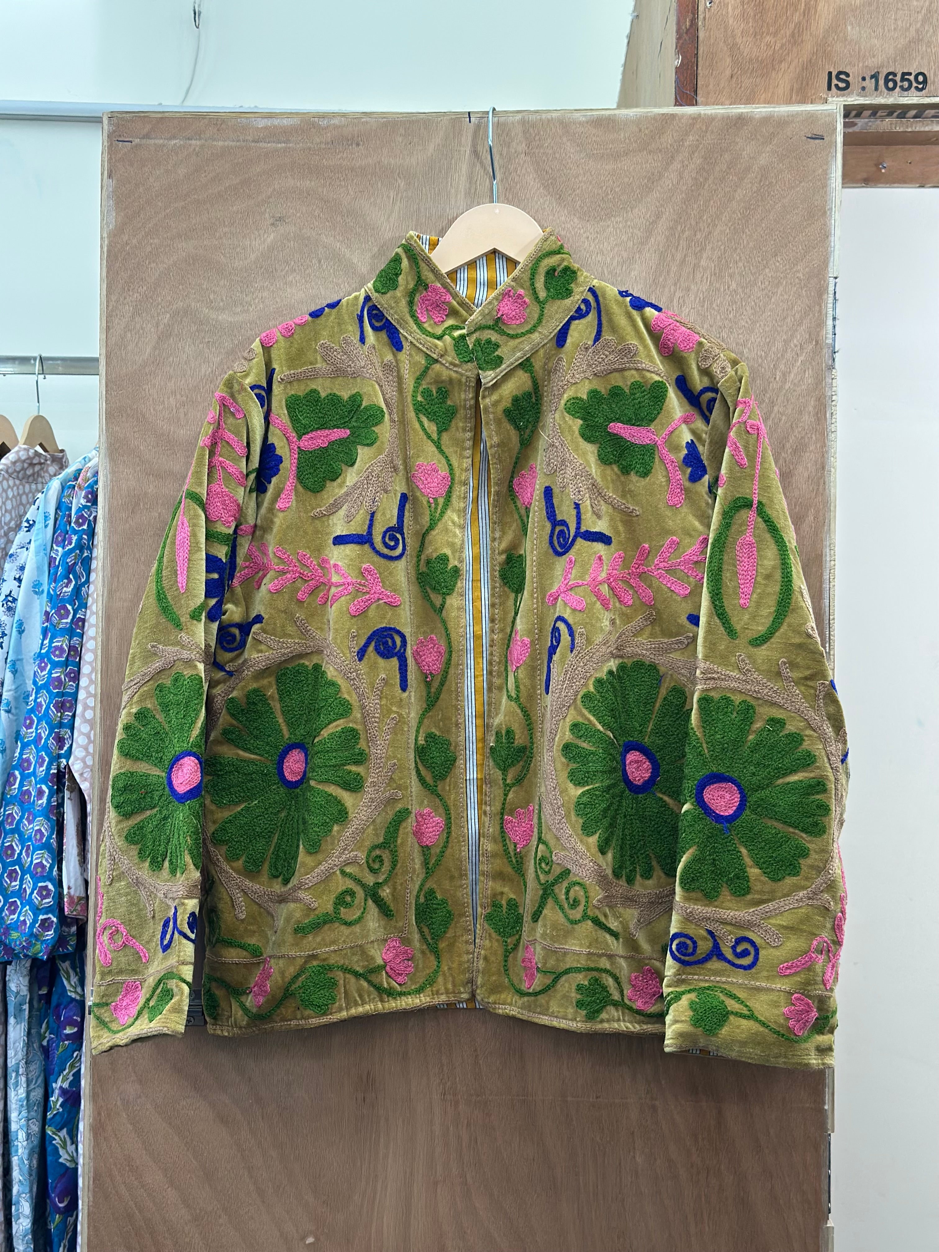 Olive Green Floral Velvet Jacket