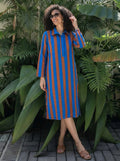 Blue & Rust Striped Cotton Shirt Dress