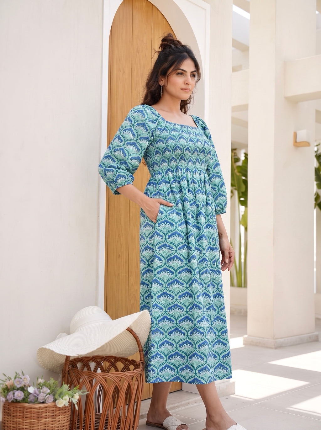 Teal Lotus Smocked Midi Dress