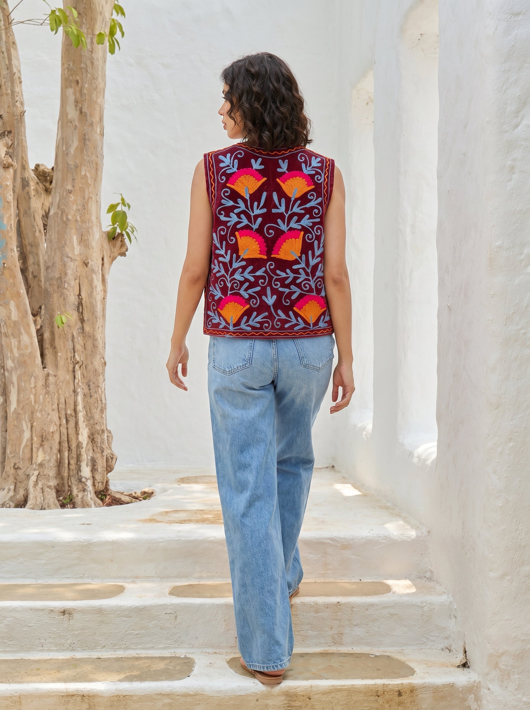 Red Sunset Bloom Embroidered Velvet Vest
