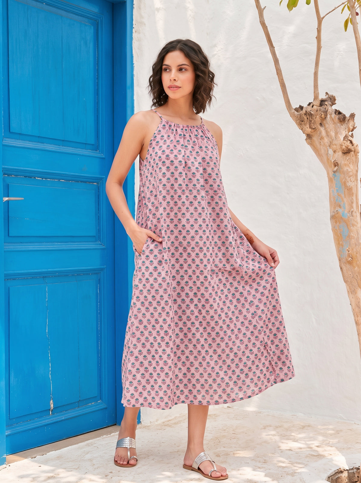 Pink Bloosom Cotton Halter Midi Dress