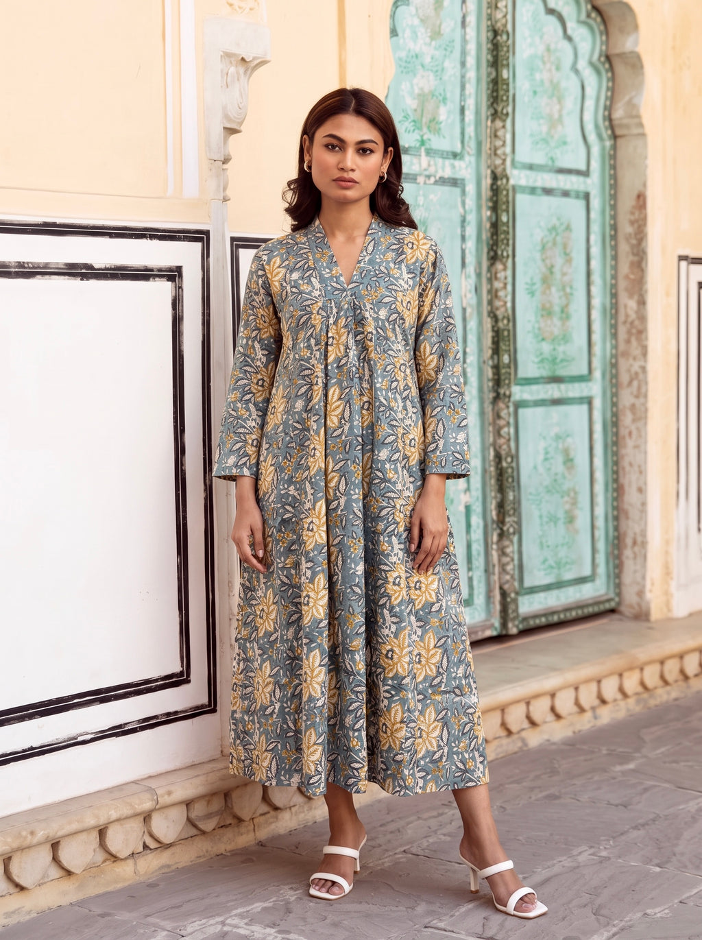 Misty Bloom Flare Midi Dress