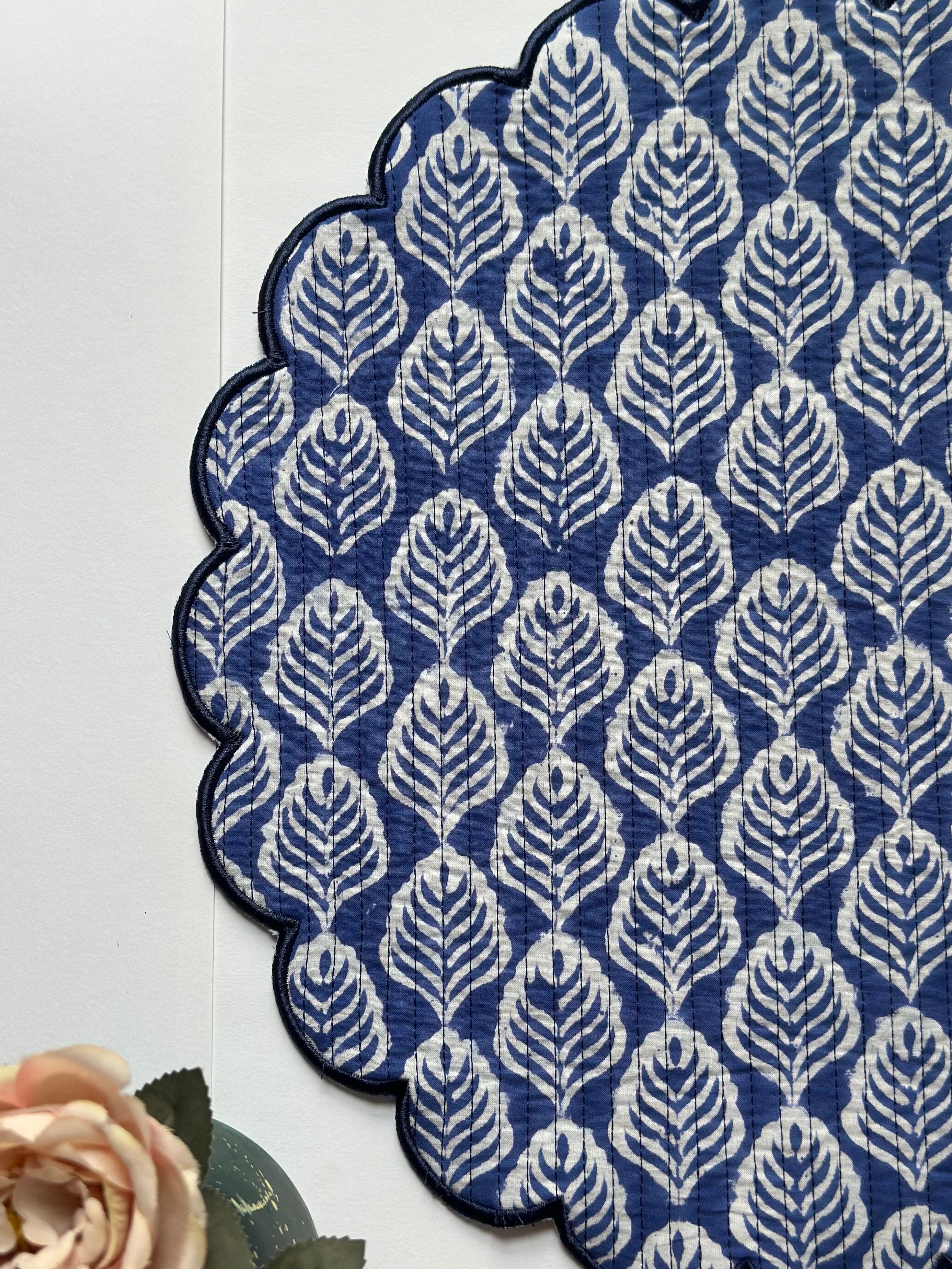 Indigo Leaf Quilted Placemats & Napkin Set of 6