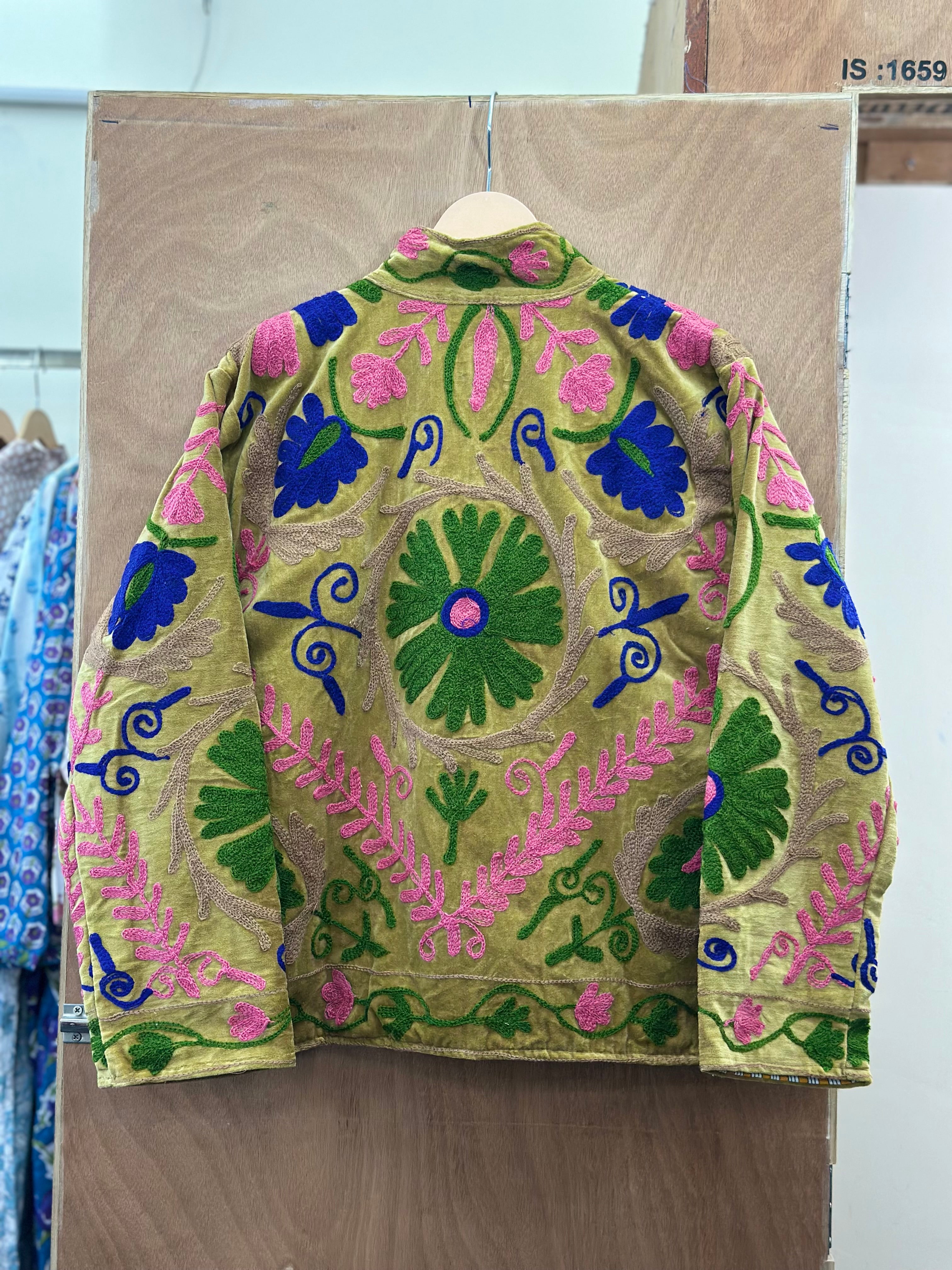 Olive Green Floral Velvet Jacket