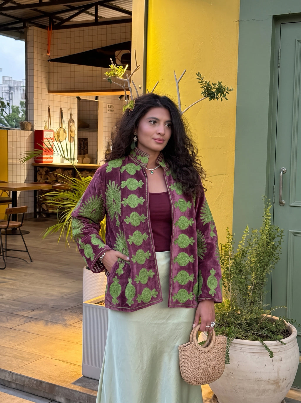 Burgundy Candy Embroidered Velvet Suzani Jacket
