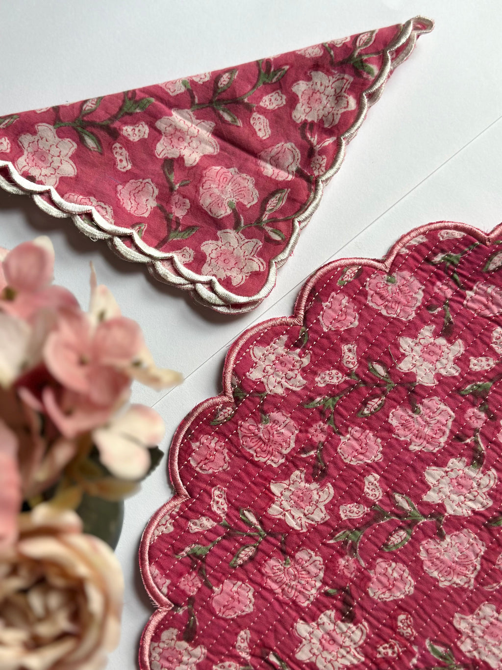 Dusty Rose Floral Quilted Placemats & Napkin Set of 6