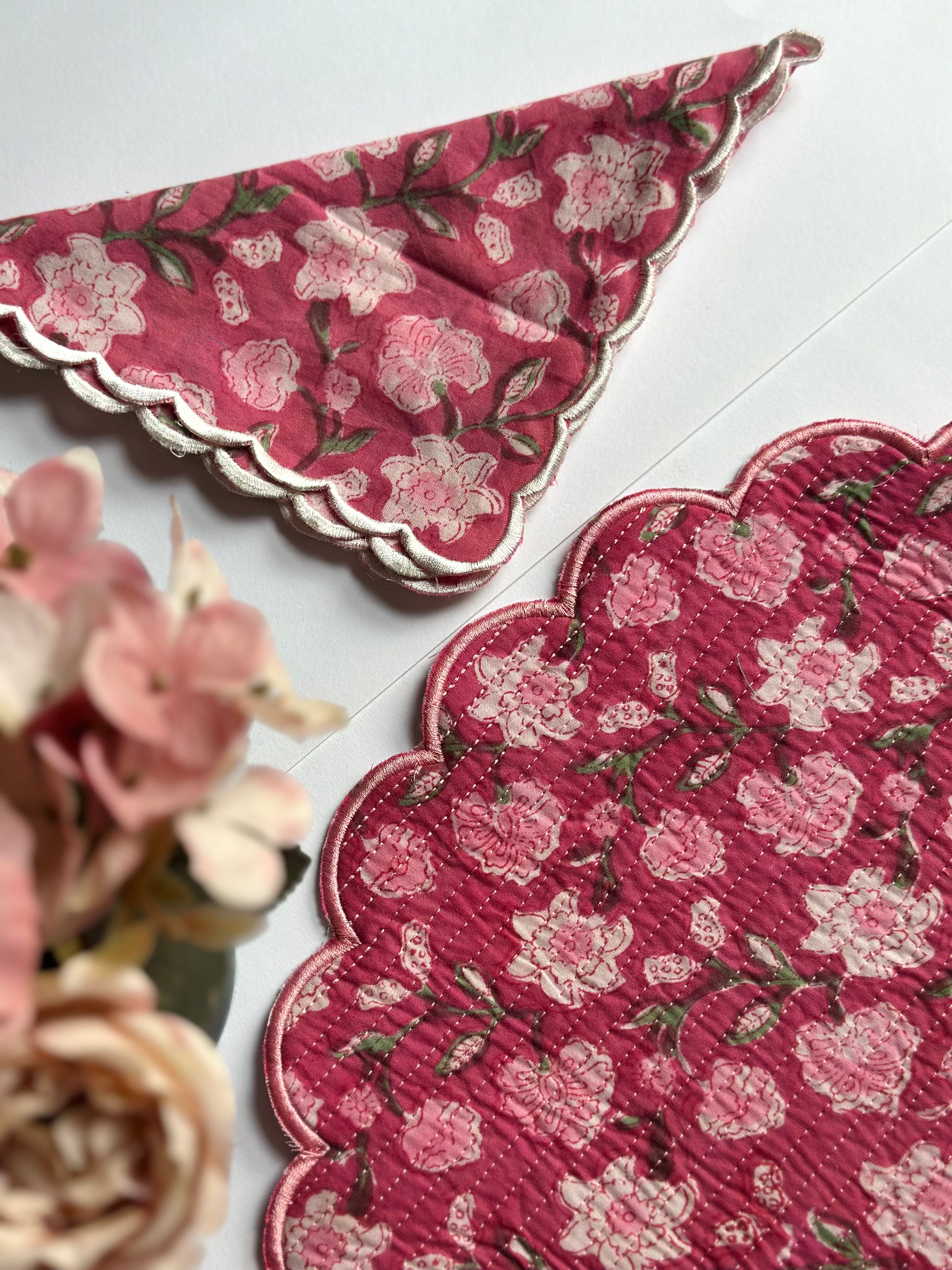 Dusty Rose Floral Quilted Placemats & Napkin Set of 6