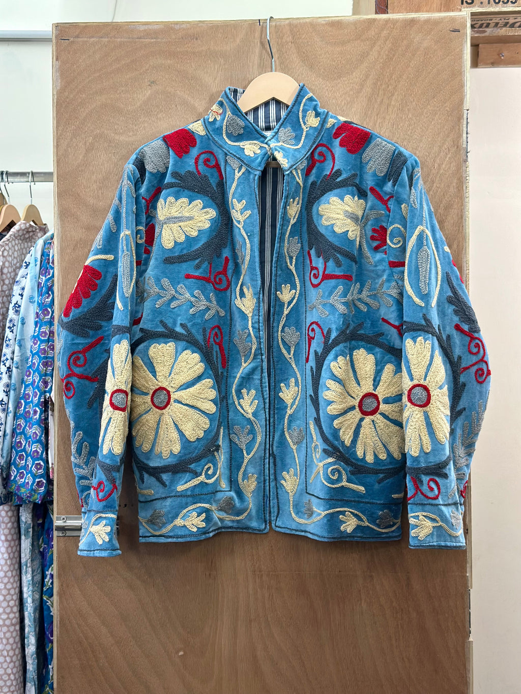 Blue Suzani Embroidered Velvet Jacket