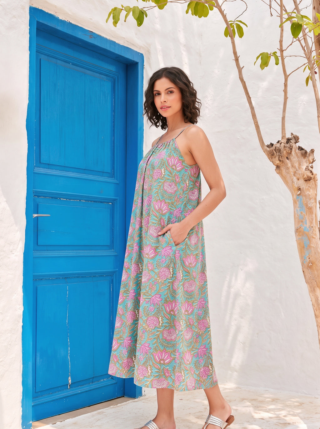 Mint Green Floral Cotton Halter Midi Dress