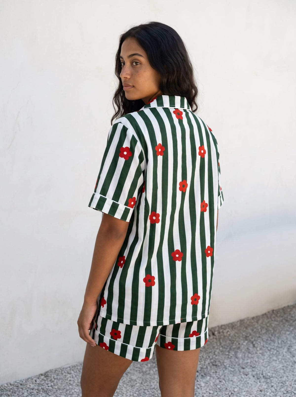 Green Flower Stripe Pajama Set