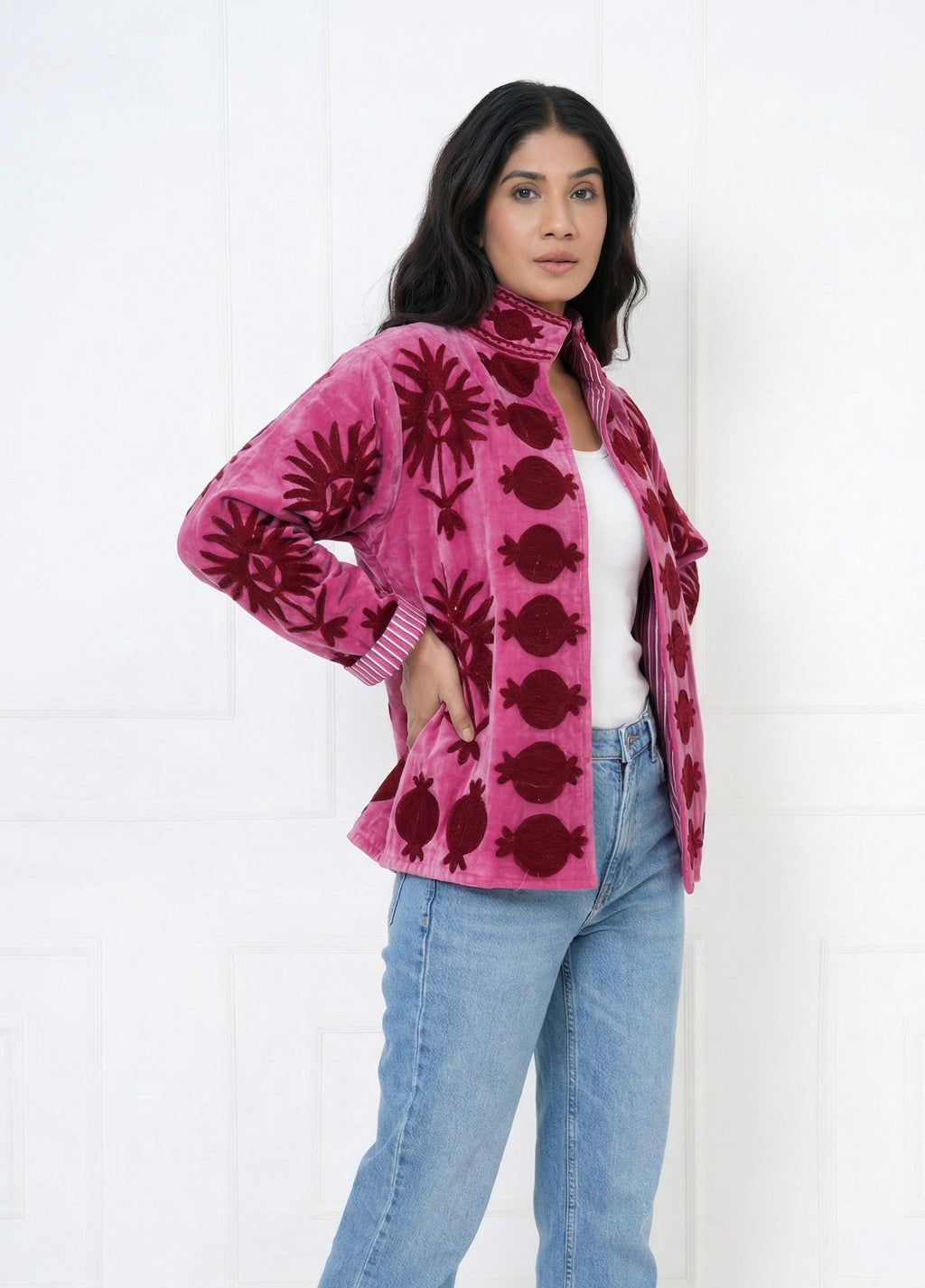 Pink Floral Velvet Jacket with Stand Collar