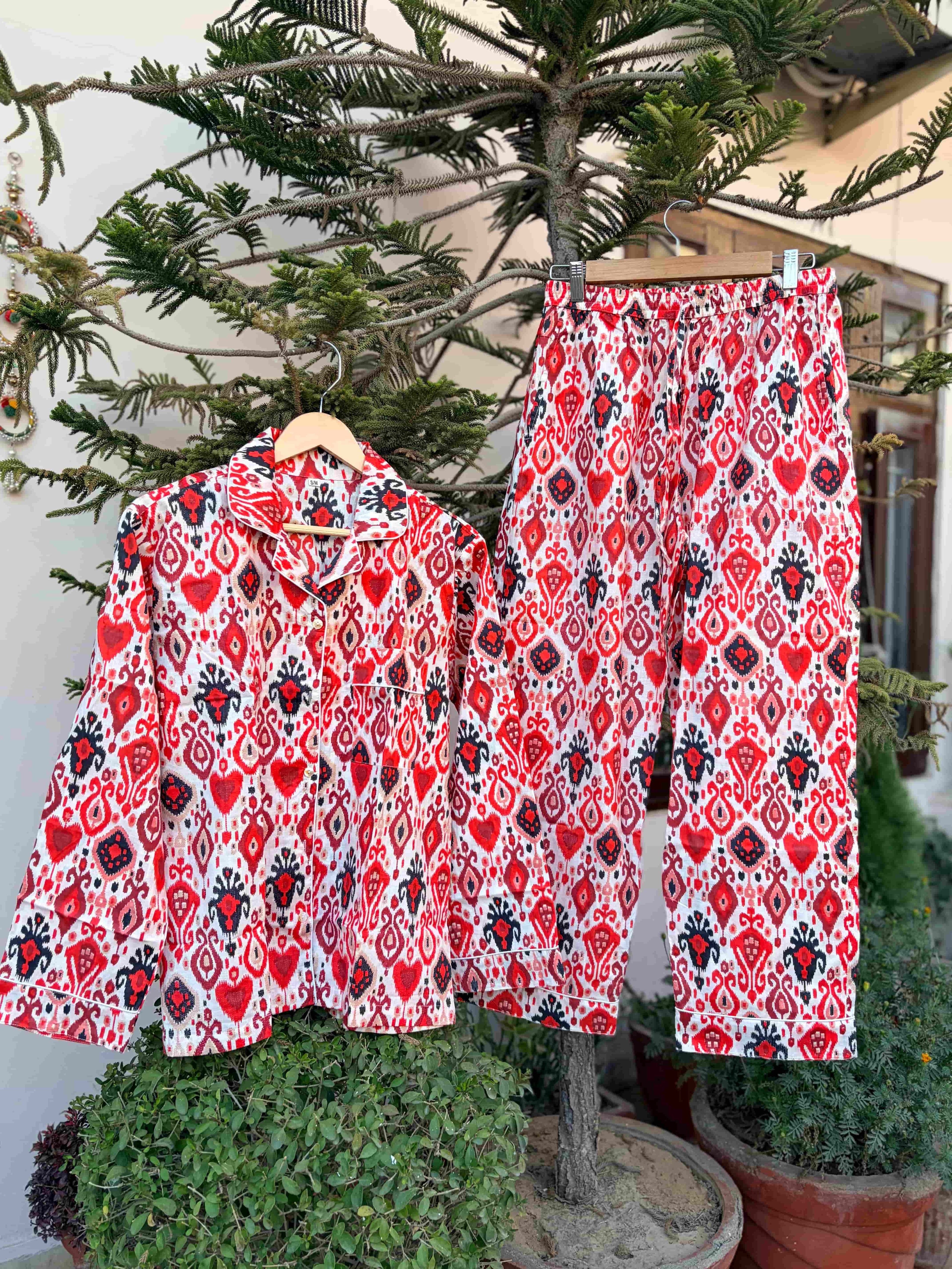Red Ikat Print Cotton PJ Sets