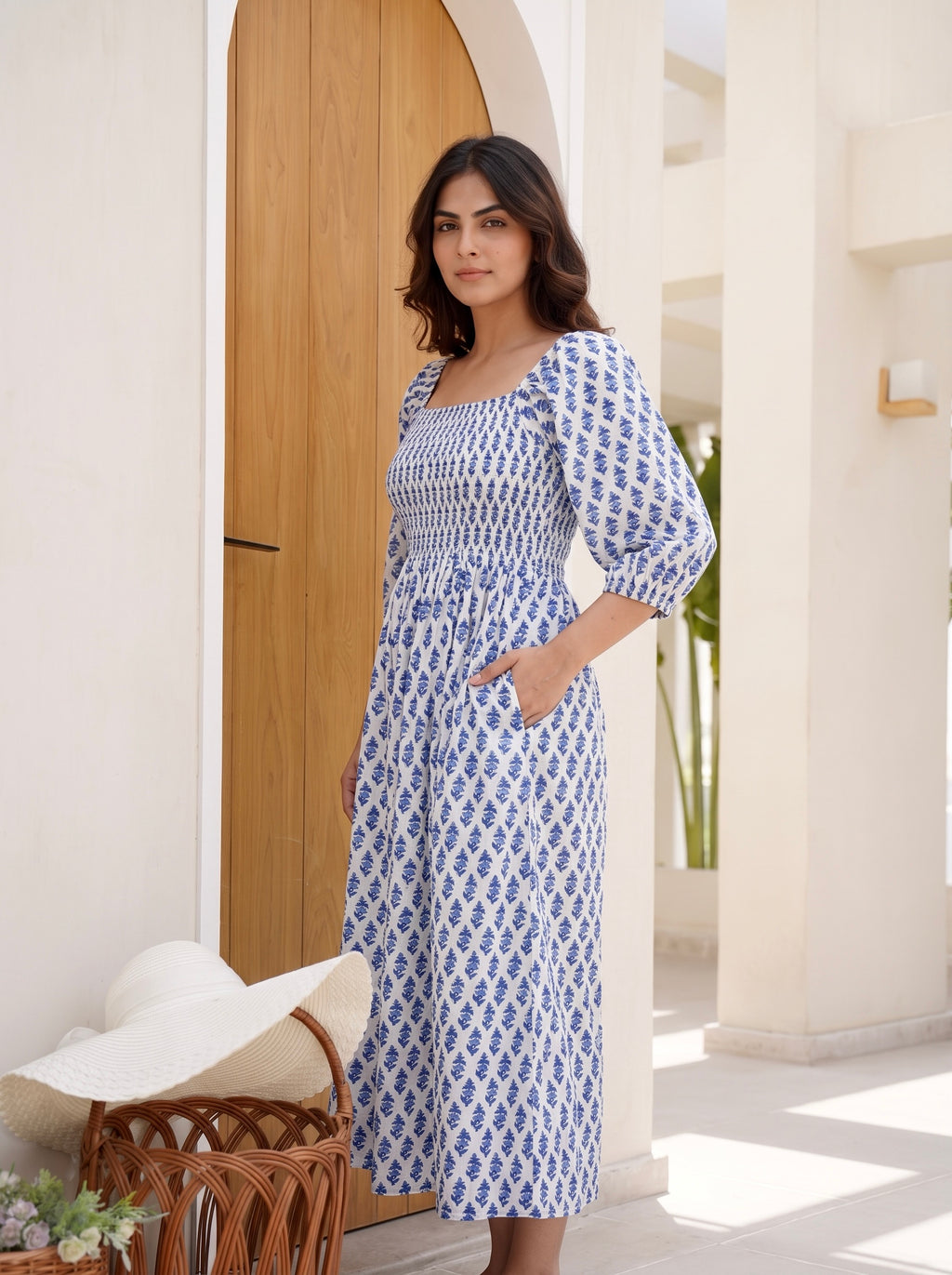 Sapphire Spring Smocked Midi Dress