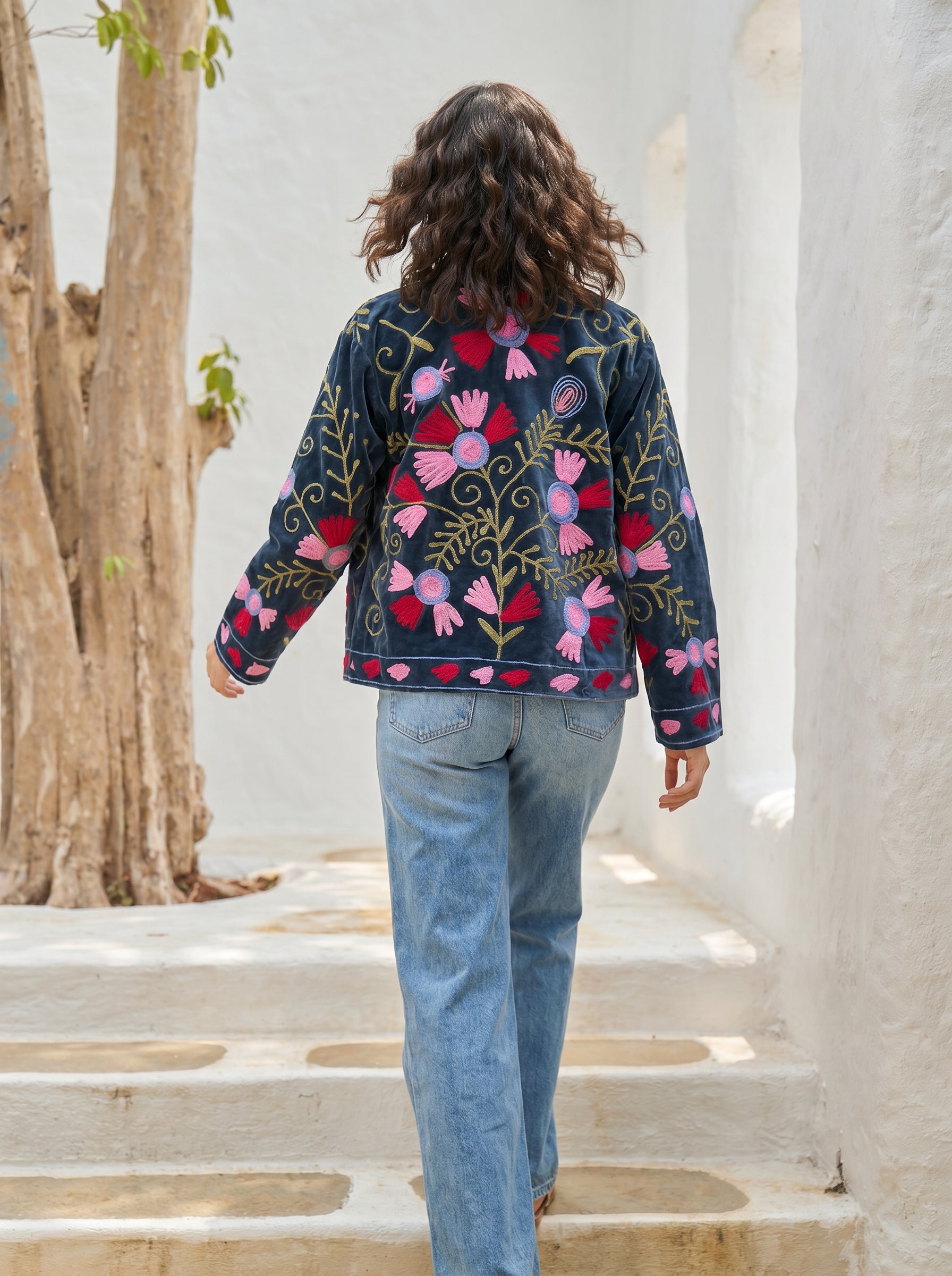 Navy Blossom Embroidered Velvet Jacket