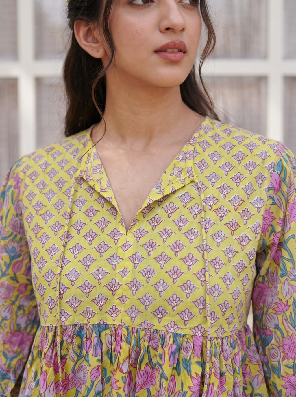 Mustard Floral Peplum Cotton Top