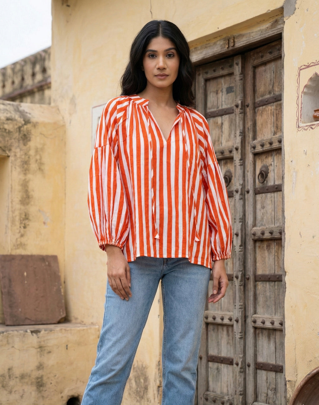 Orange striped Relaxed Fit Cotton Top