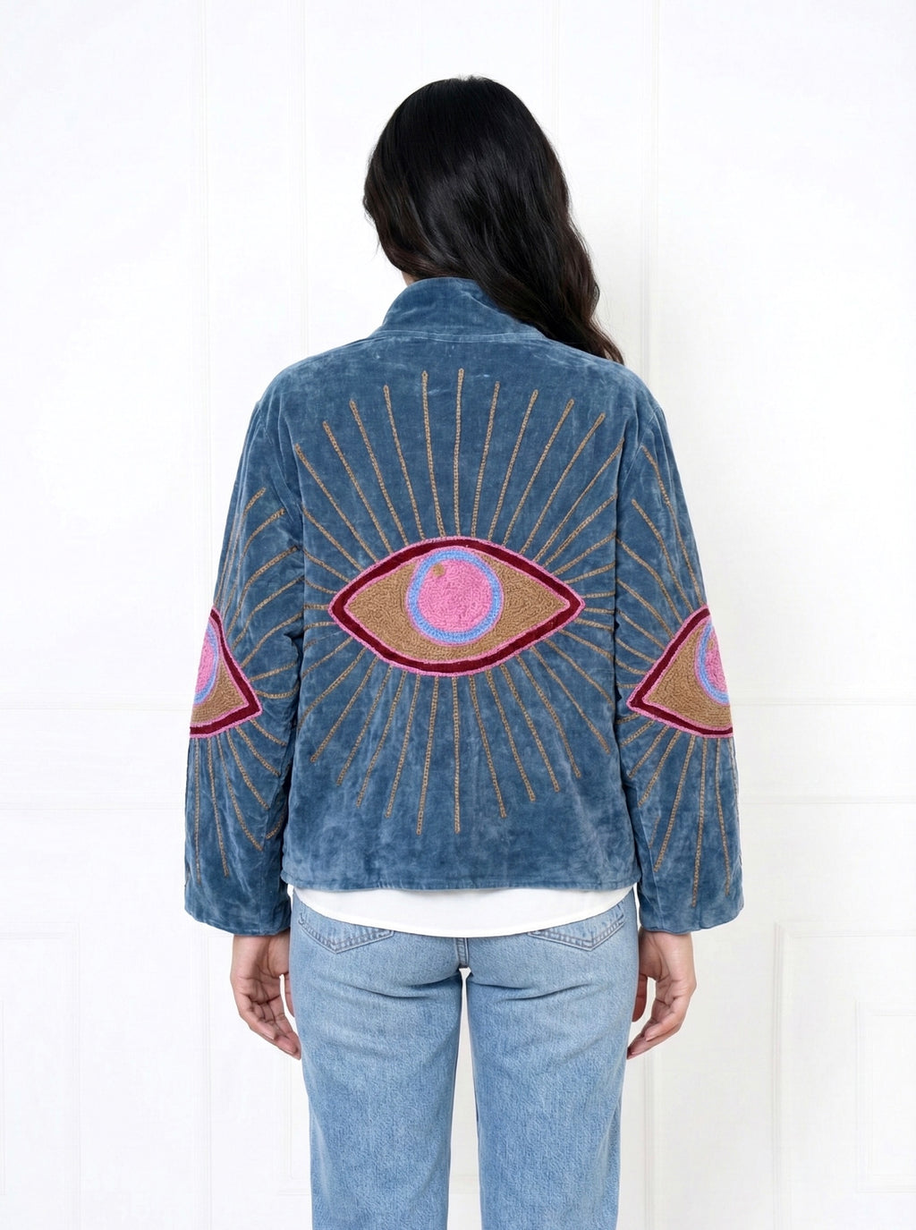 Evil Eye Motif Embroidered Velvet Jacket