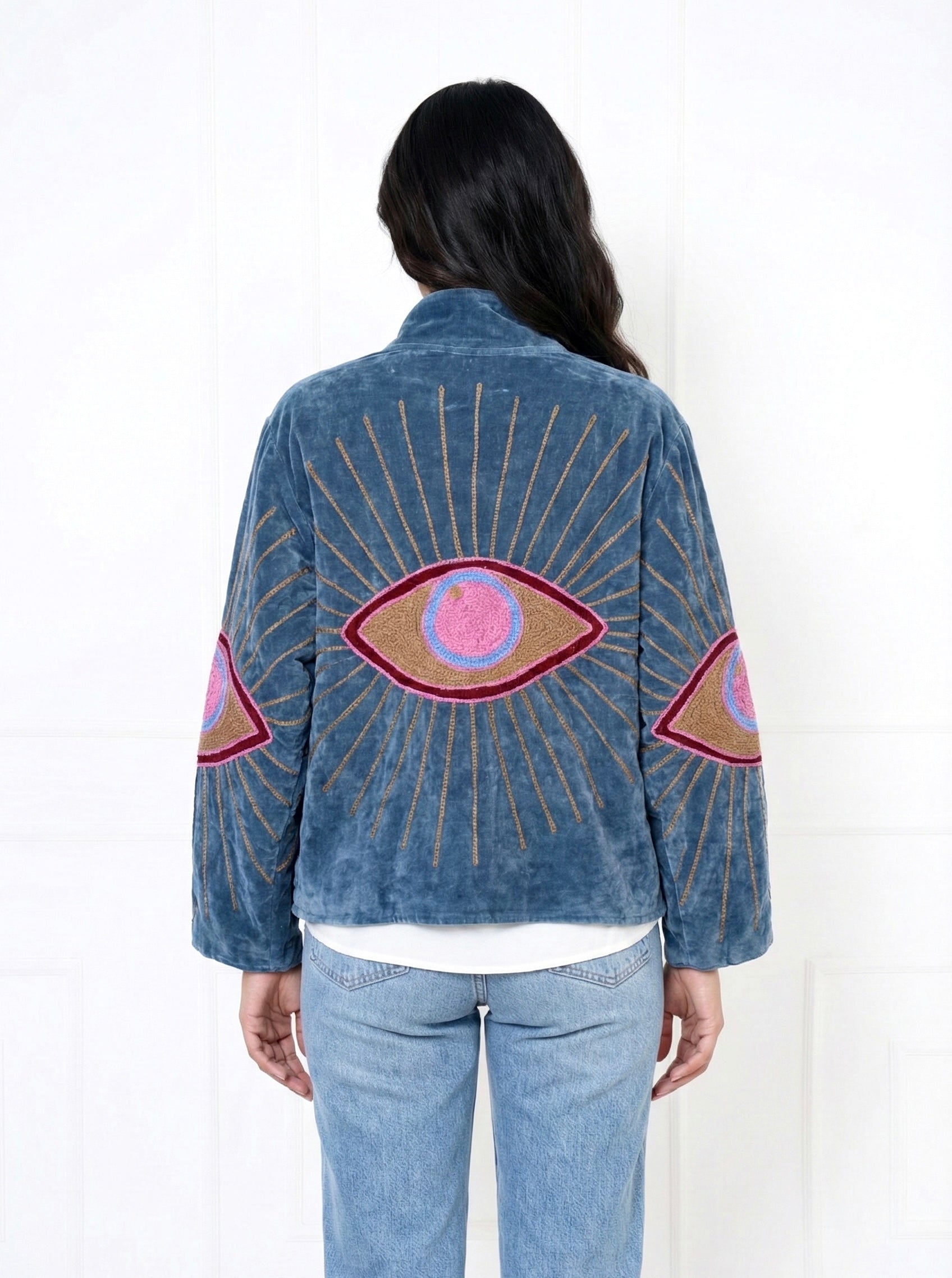 Evil Eye Motif Embroidered Velvet Jacket