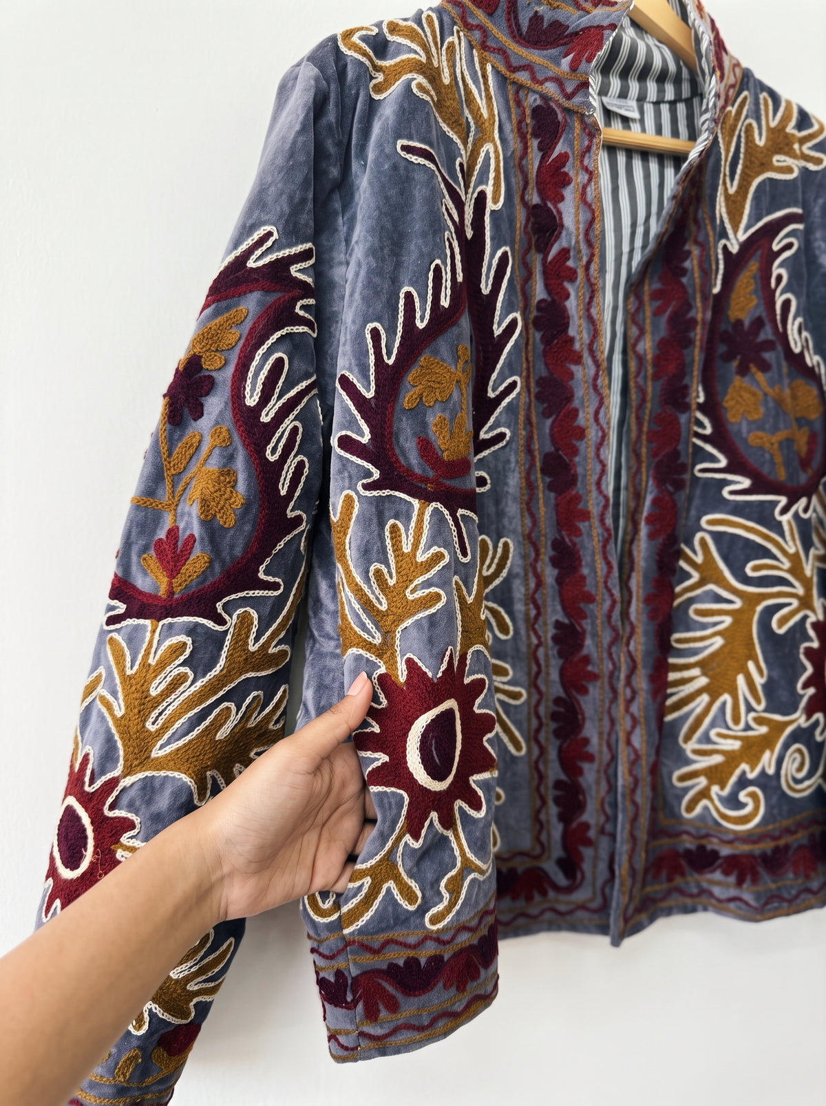 Dusty Blue Heritage Velvet Suzani Embroidered Jacket