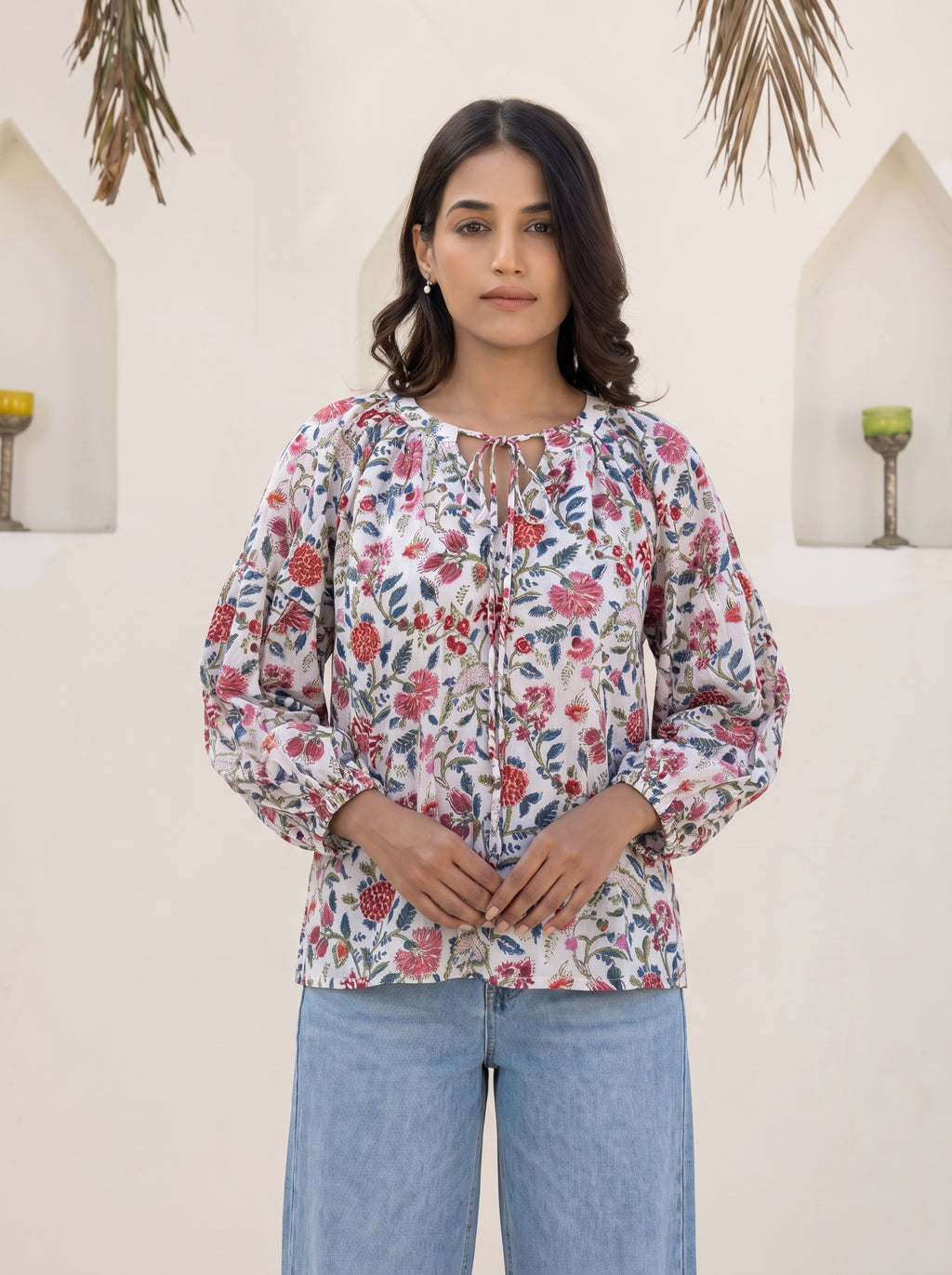Vintage Floral Balloon Sleeve Top