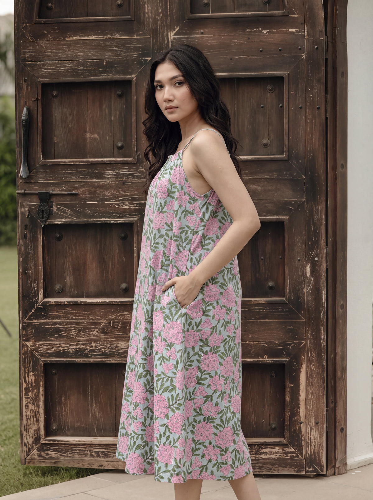 Pink Floral Hand Block Print Cotton Midi Dress