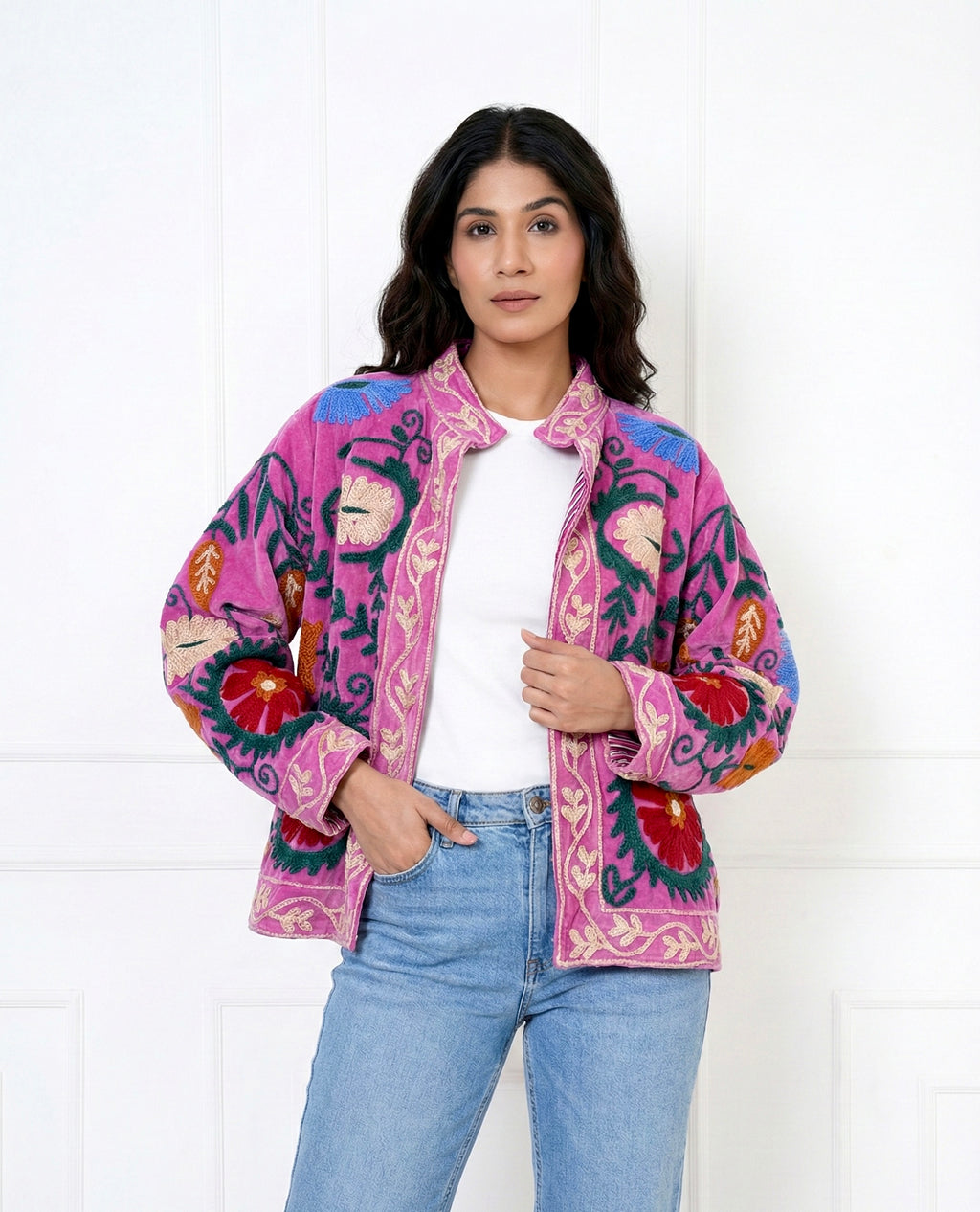 Pink floral Embroidered velvet Jacket
