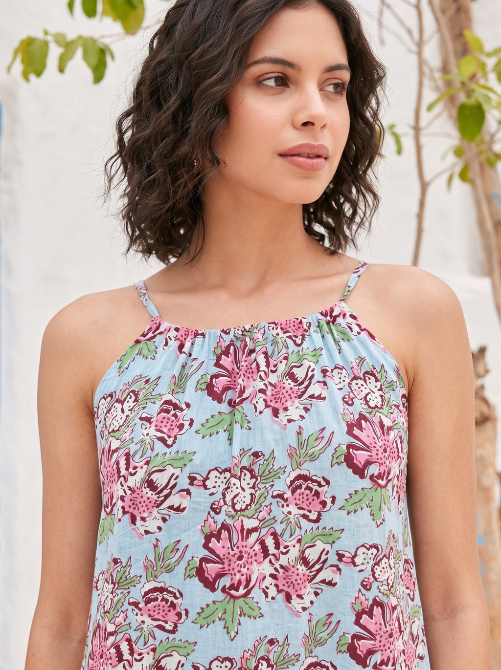 Sky Blue Floral Cotton Midi Dress