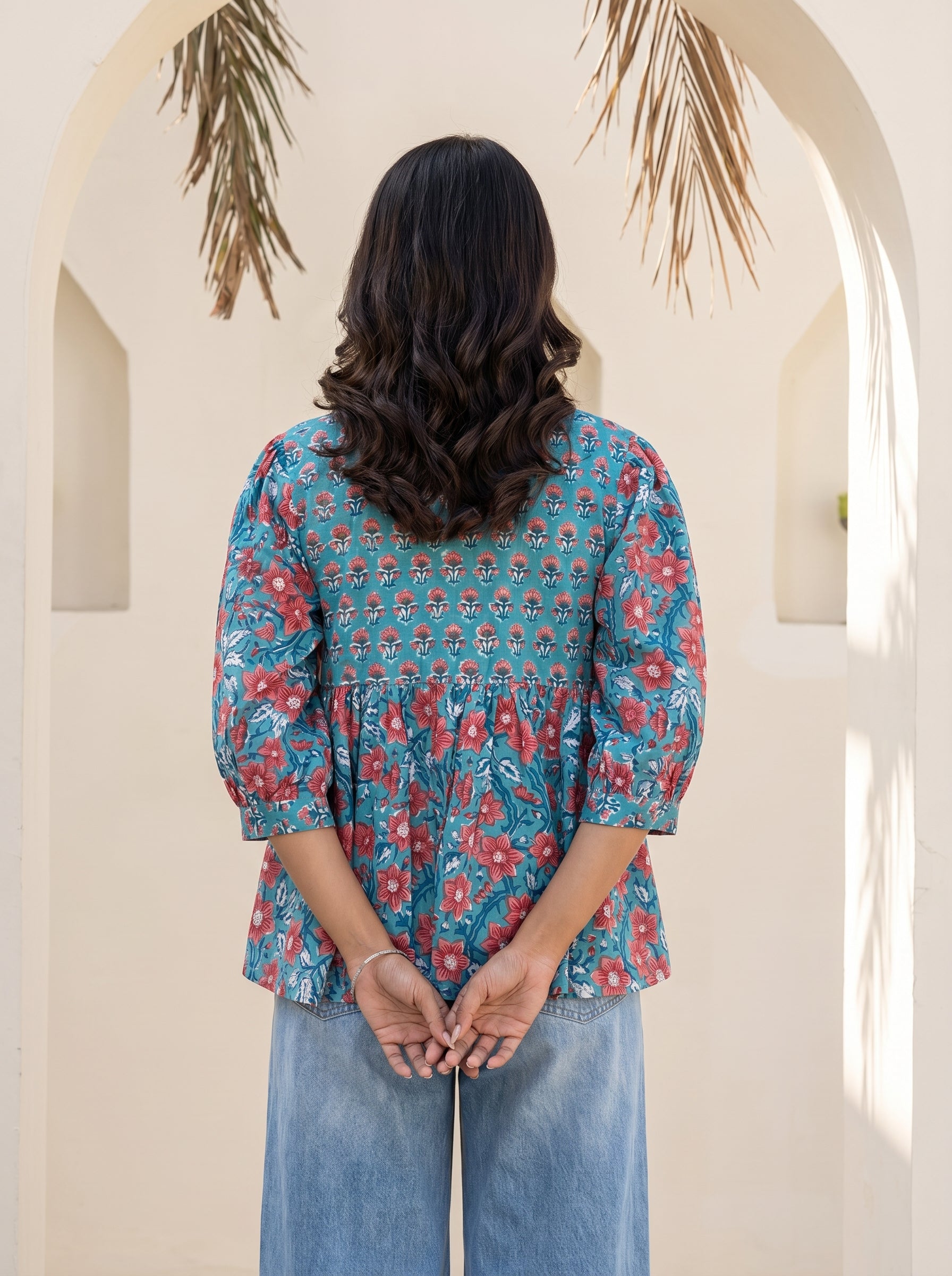 Blue & Coral Floral Peplum Top