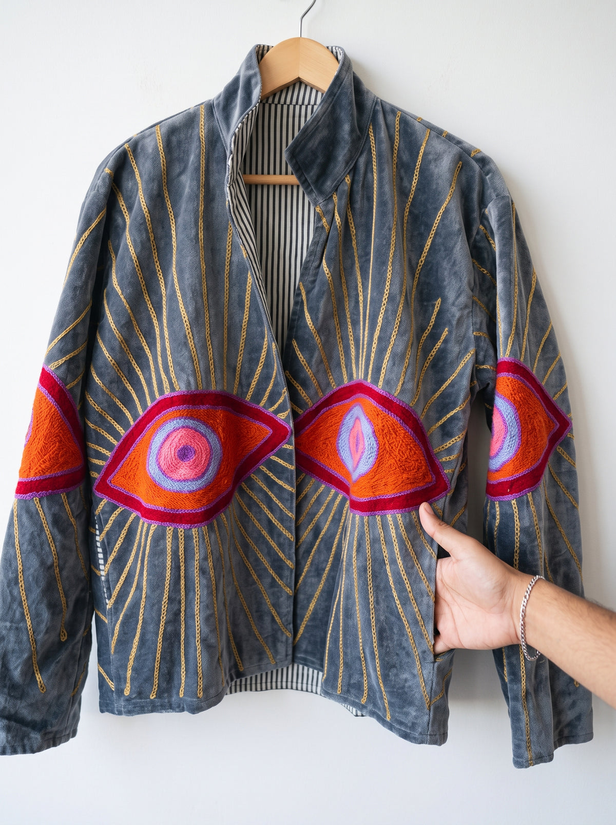 Grey Evil Eye Embroidered Velvet Jacket
