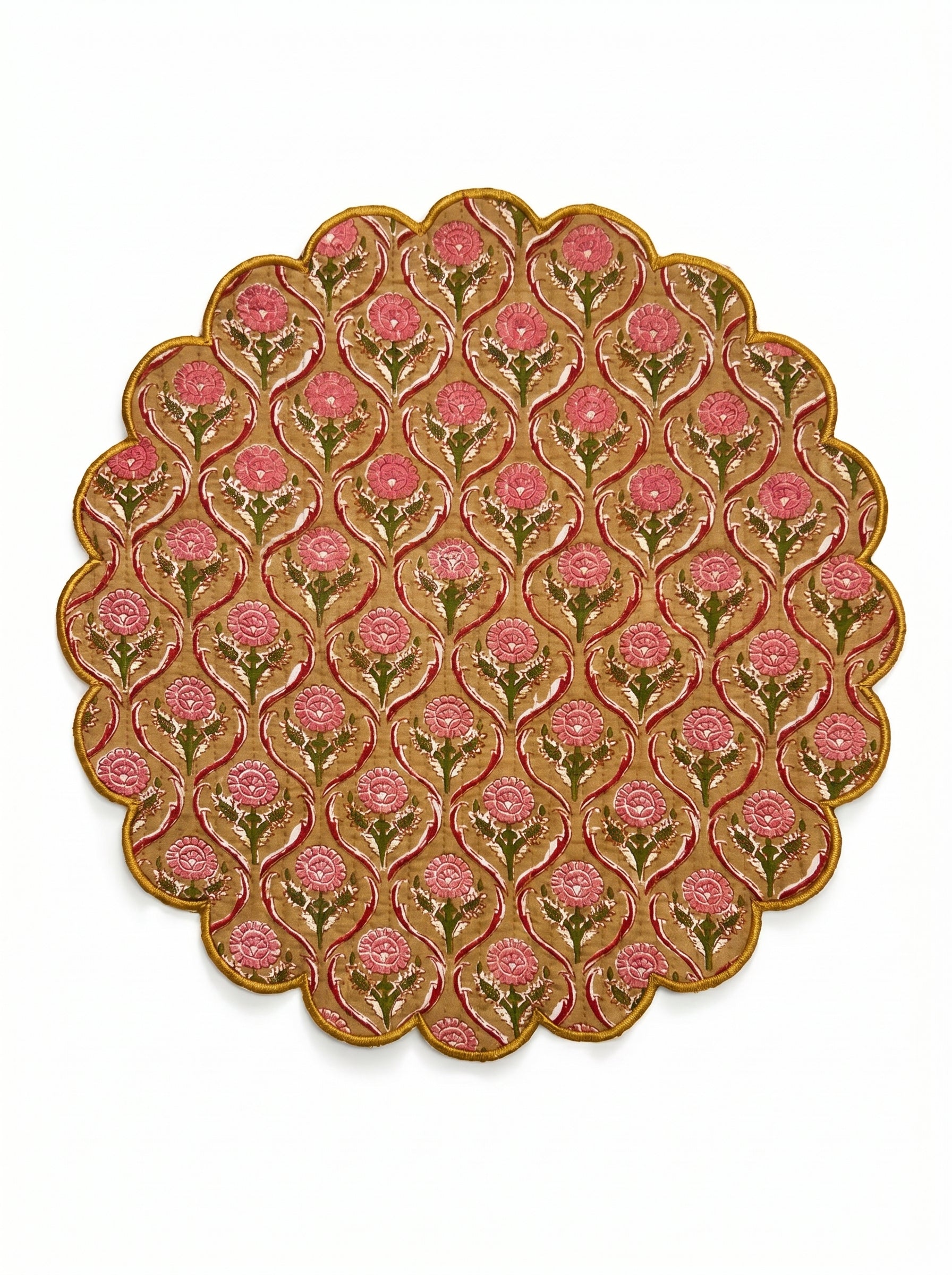 Mustard Buti Floral Round Scalloped Placemat Set of 6