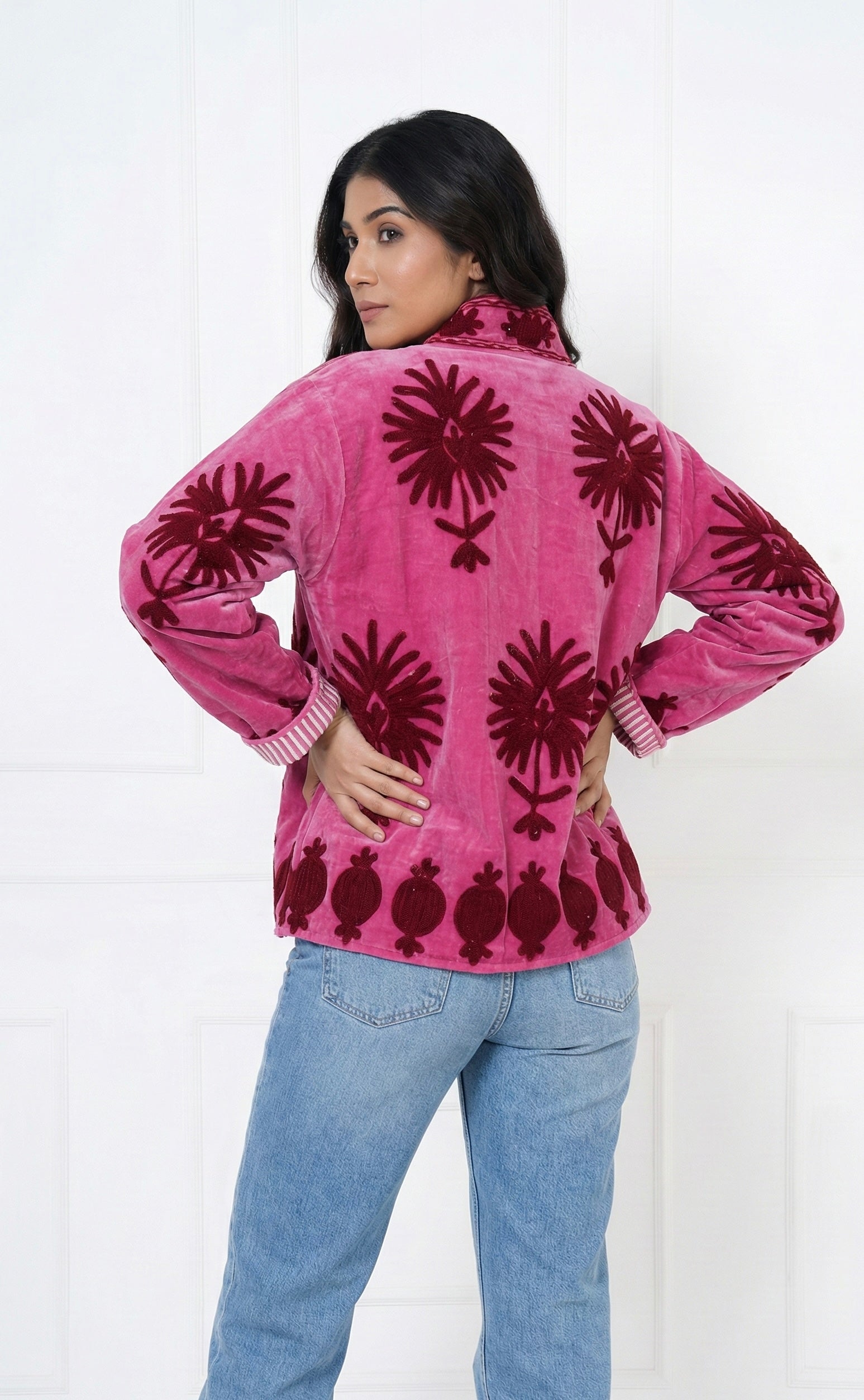 Pink Floral Velvet Jacket with Stand Collar