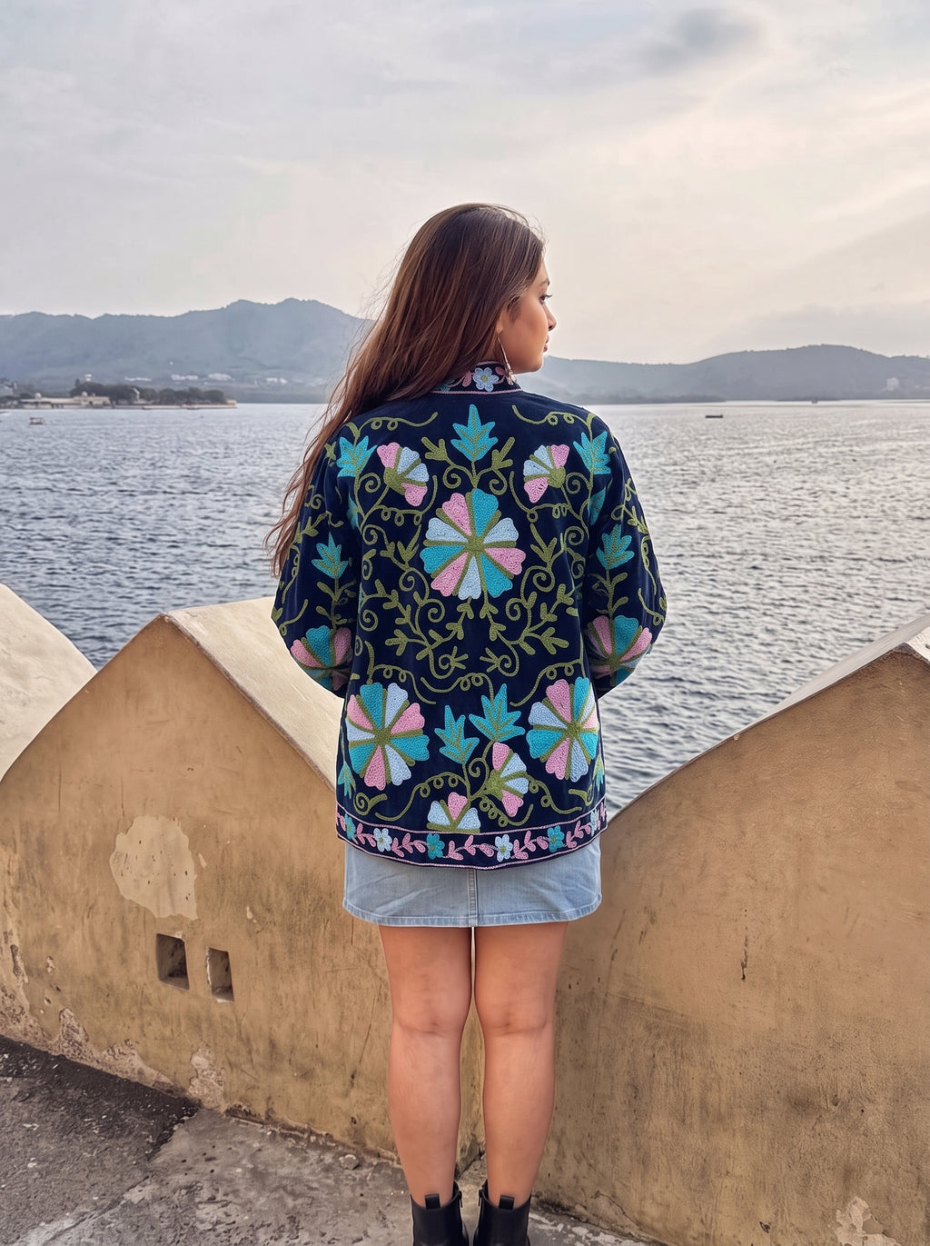 Navy Botanical Embroidered Velvet Suzani Jacket