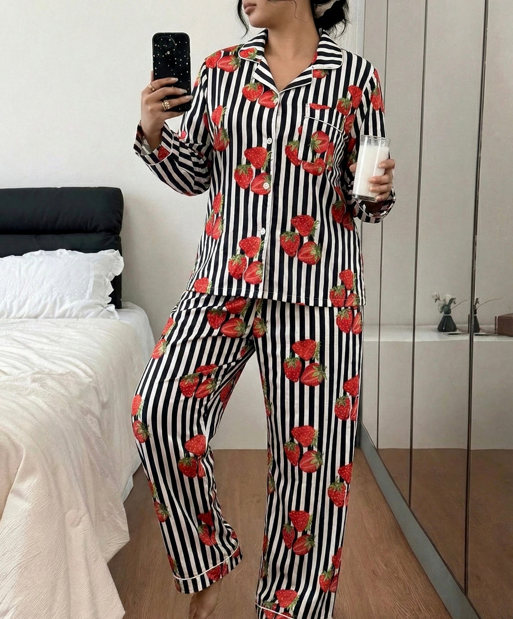 Strawberry striped cotton Black PJ set