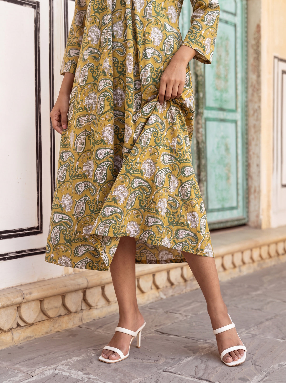 Mustard Paisley Flare Midi Dress