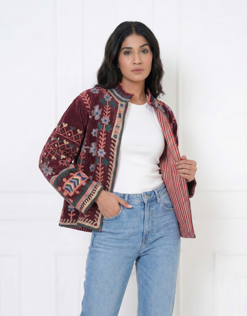 Burgundy Heritage Embroidered Velvet Jacket