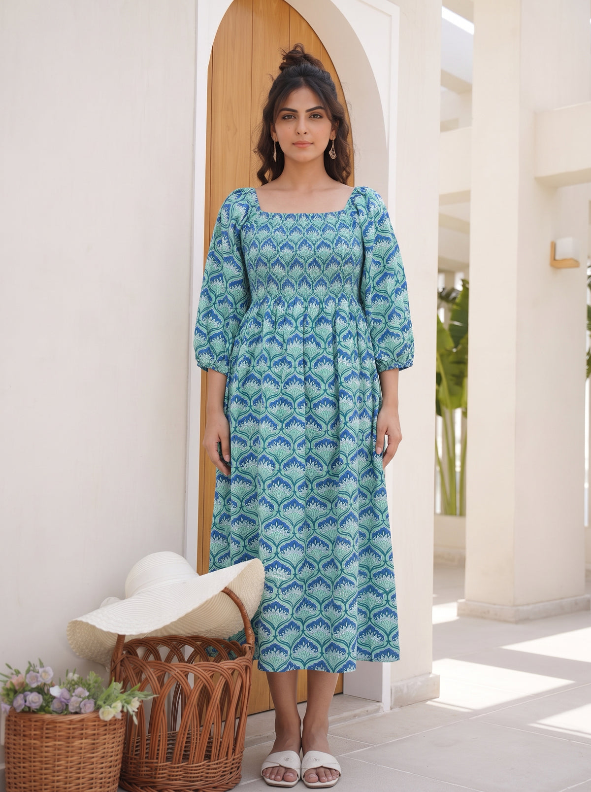 Teal Lotus Smocked Midi Dress