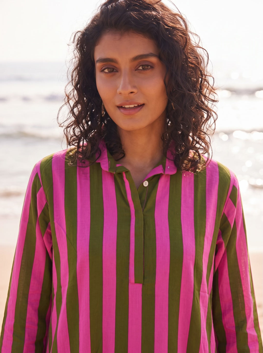 Pink Olive Stripe Shirt Dress