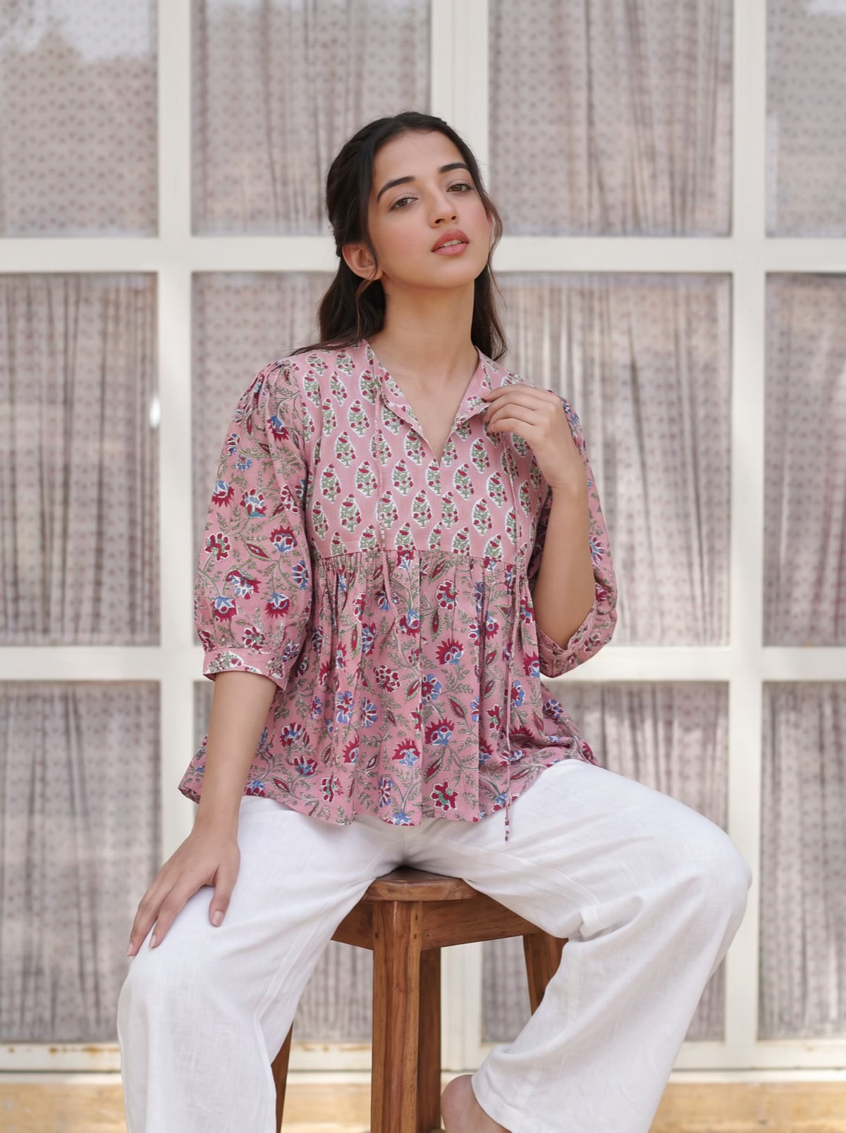 Pink Garden Handblock Peplum Top