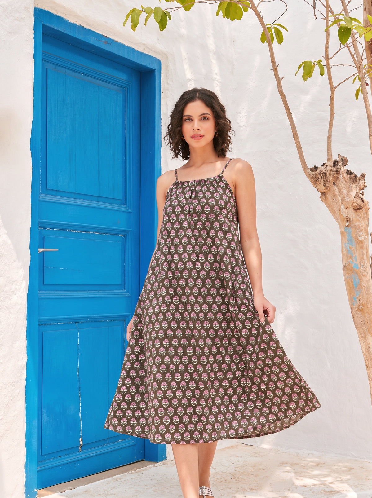Brown Buti Cotton Halter Midi Dress