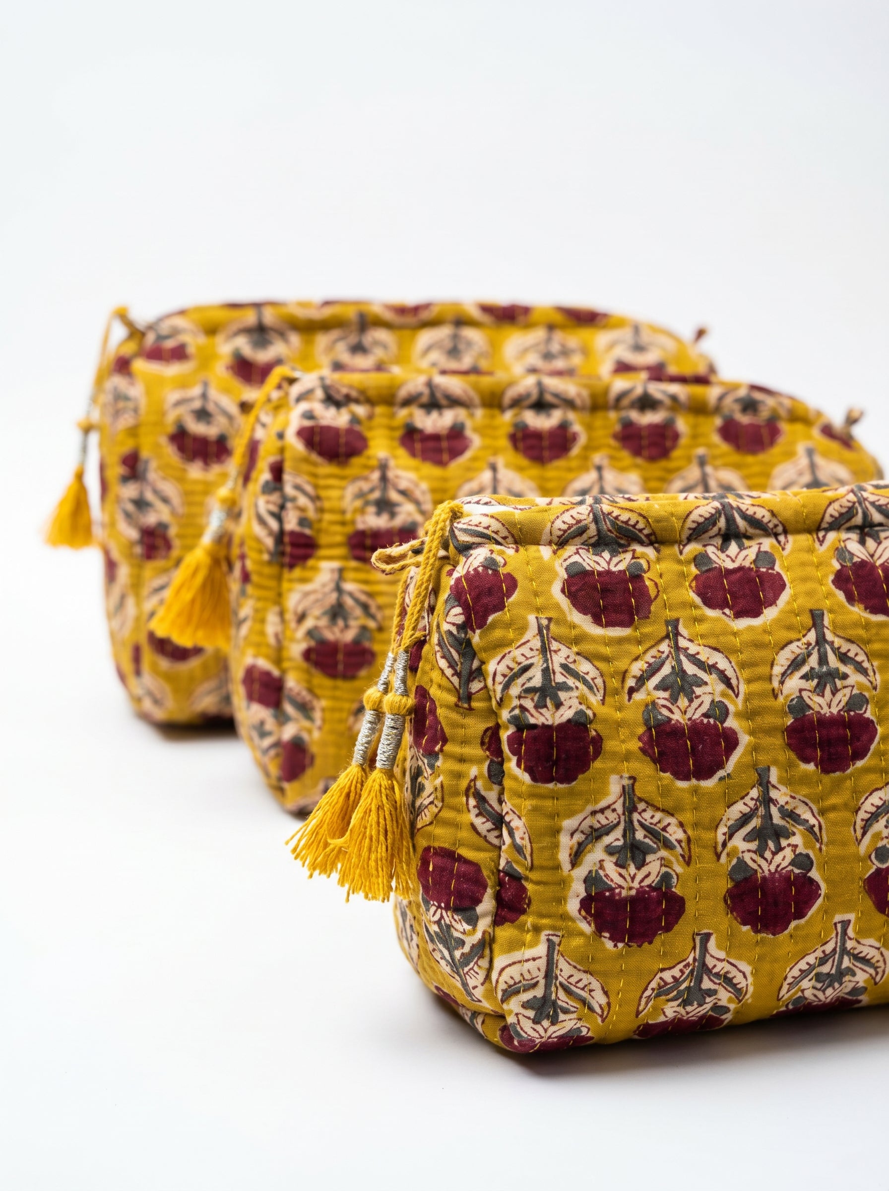 Mustard Bloom Quilted Pouch Set (Set of 3)