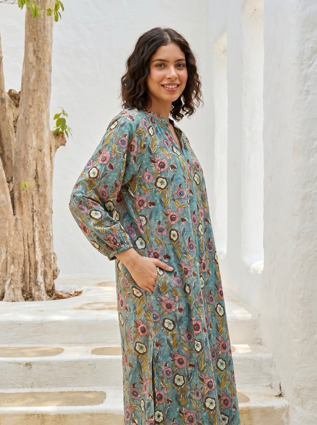Sage Bloom Cotton Kurta Dress