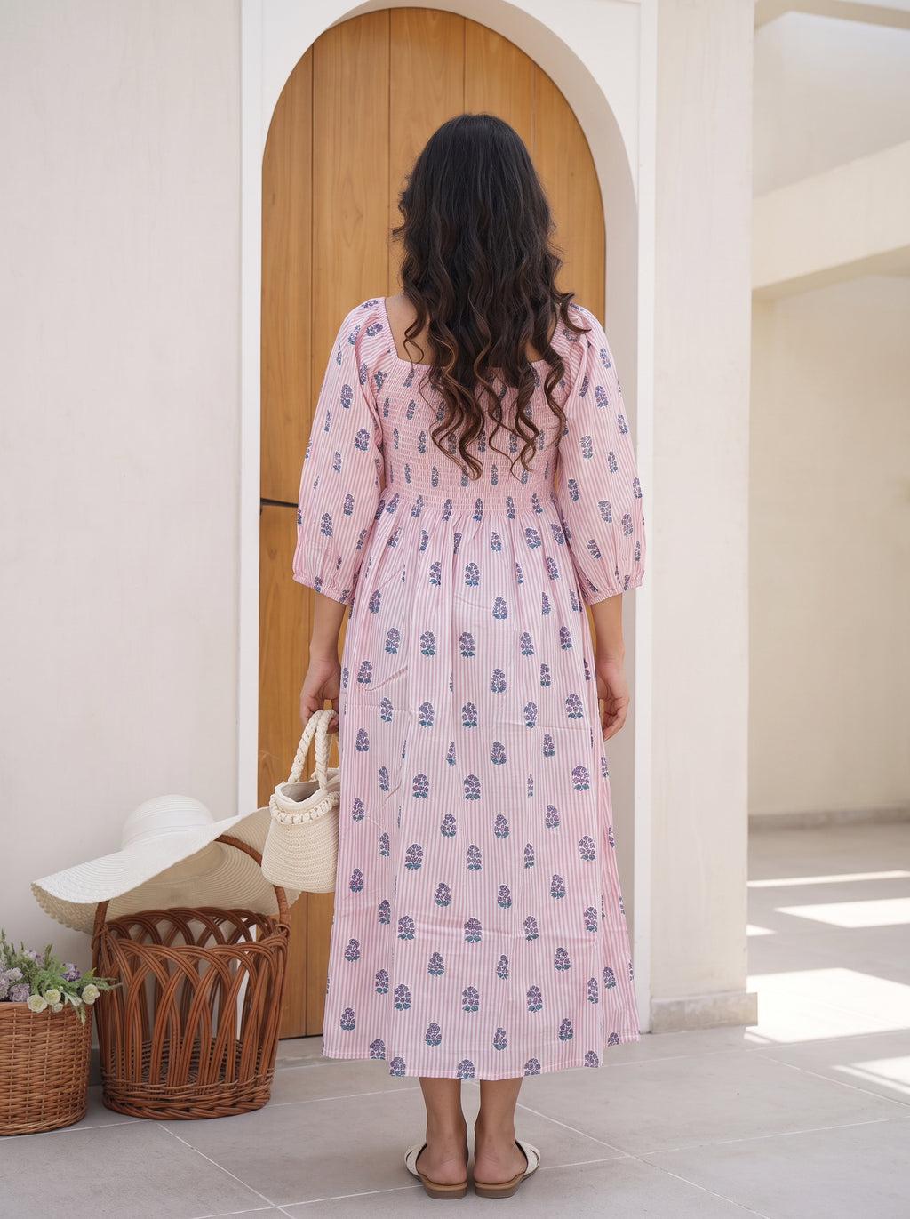 Rosewater Stripe Smocked Midi Dress