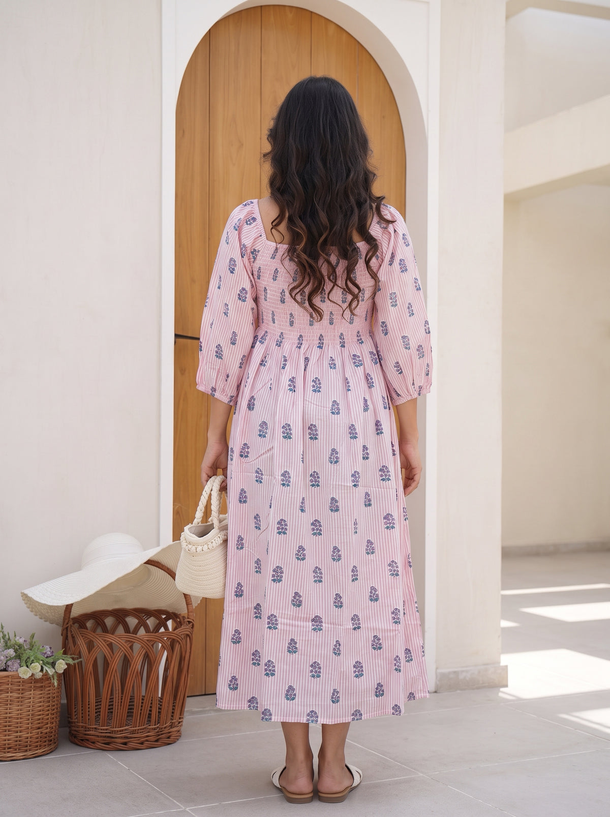 Rosewater Stripe Smocked Midi Dress