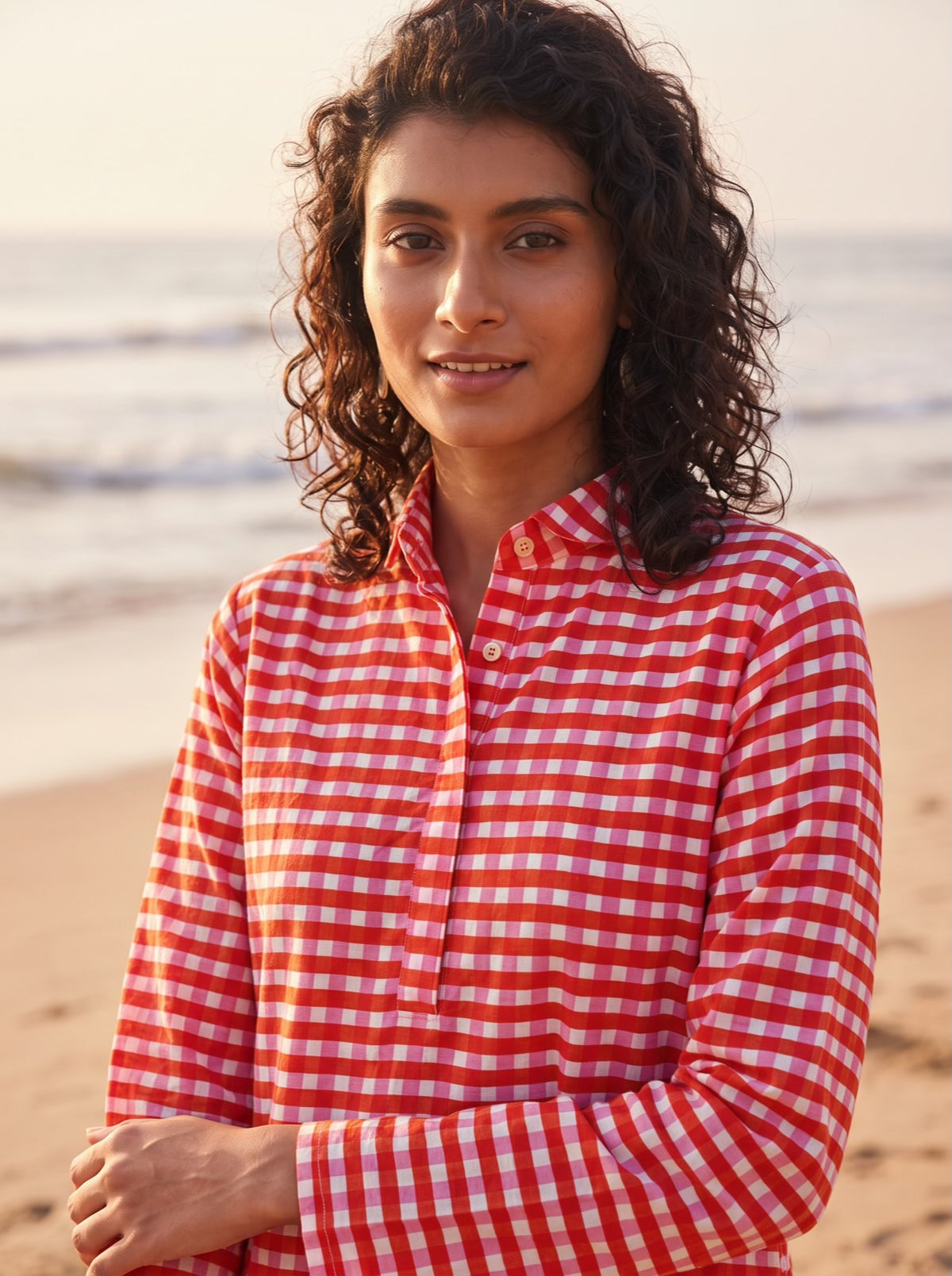 Cherry Gingham Cotton Shirt Dress