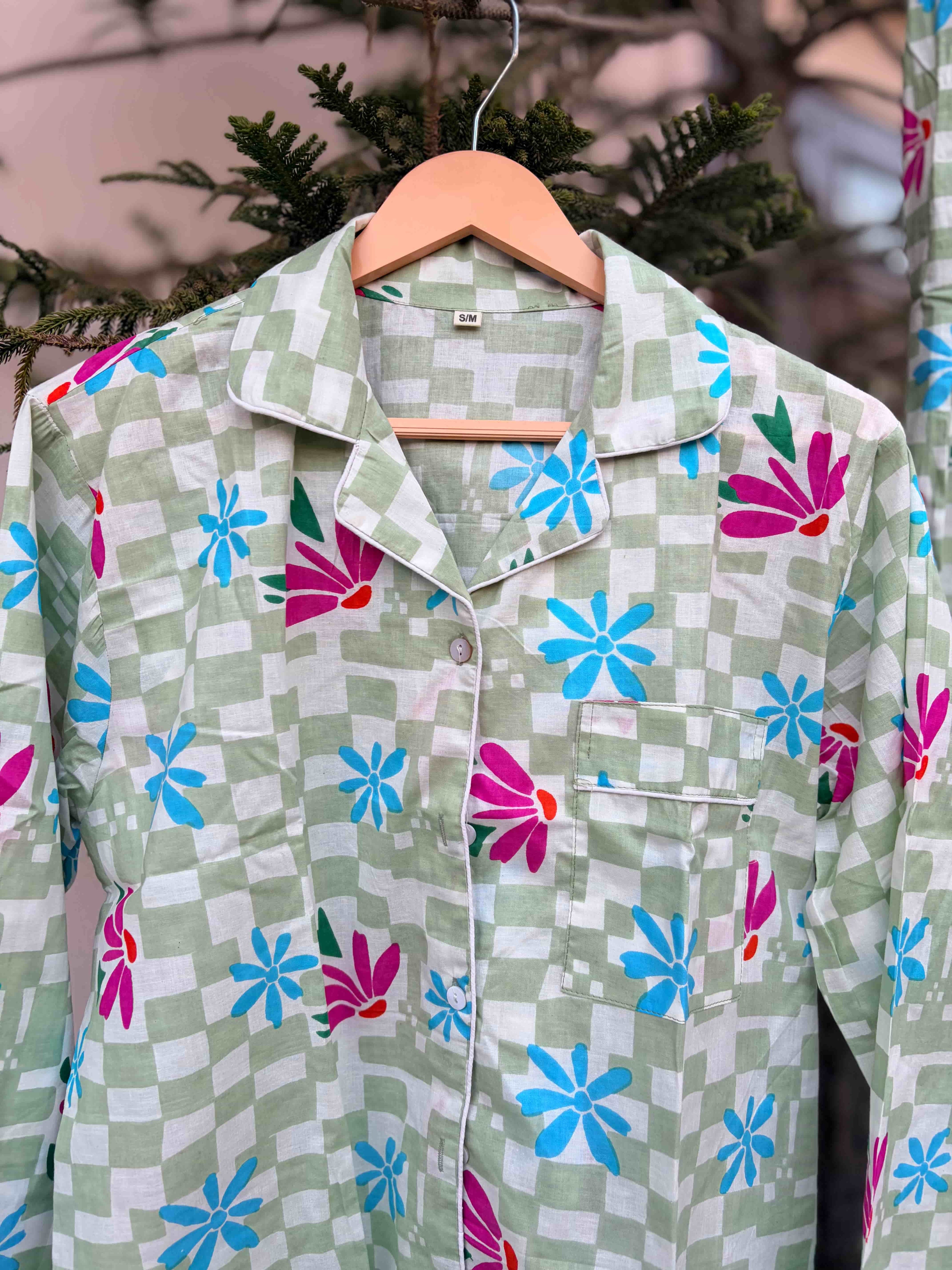 Retro Floral Gingham cotton Pjs set