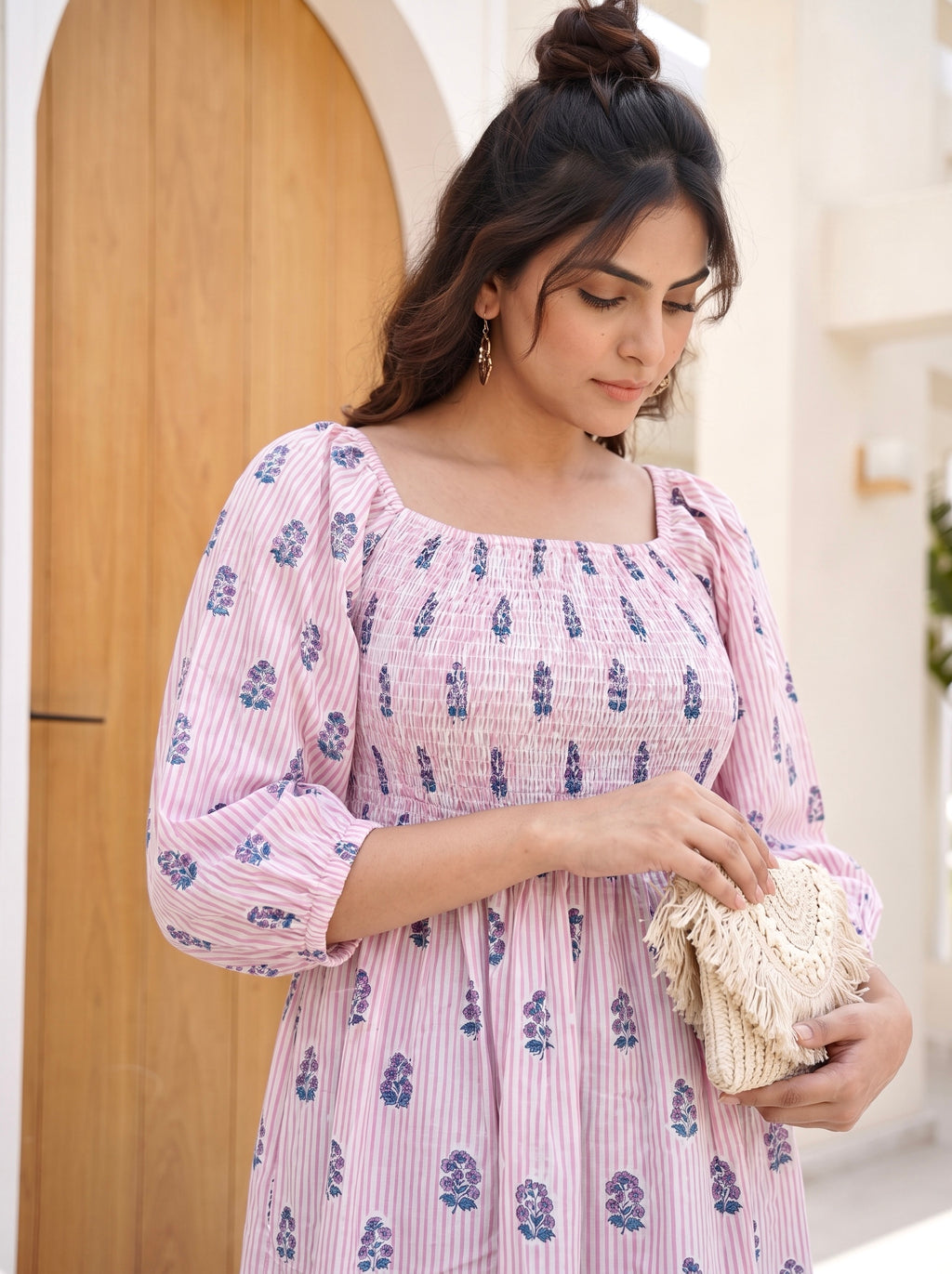 Rosewater Stripe Smocked Midi Dress