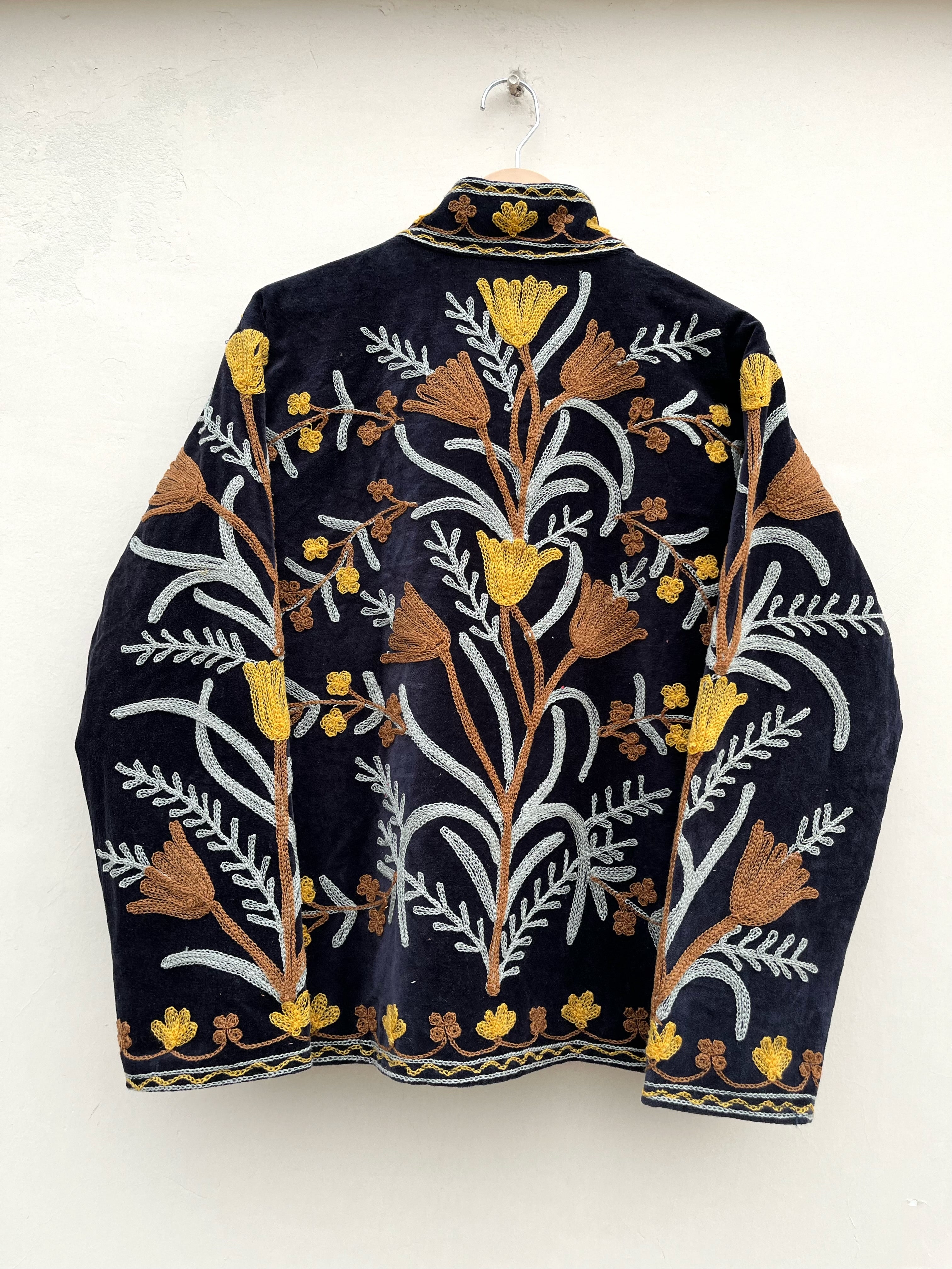 Navy Botanical Embroidered Velvet Jacket