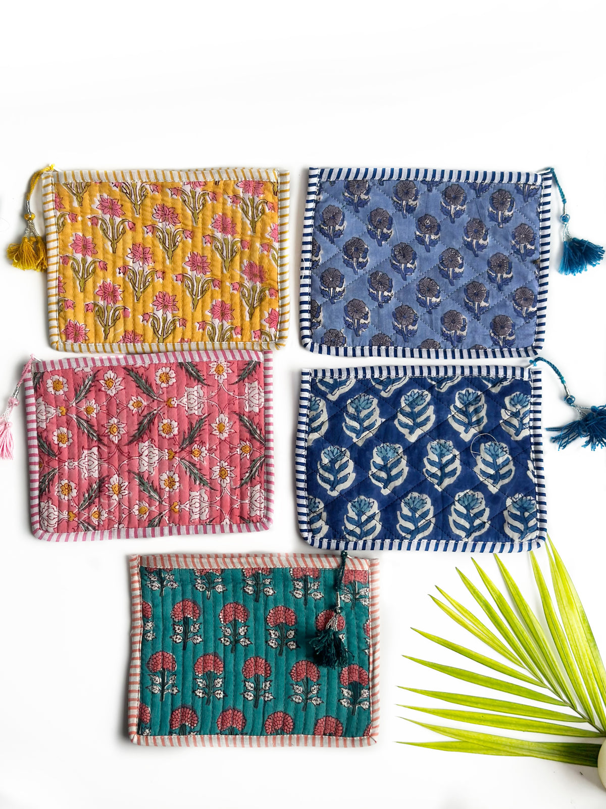 Handcrafted Quilted Cotton Zip Pouch Set – Pack of 5 Assorted Prints